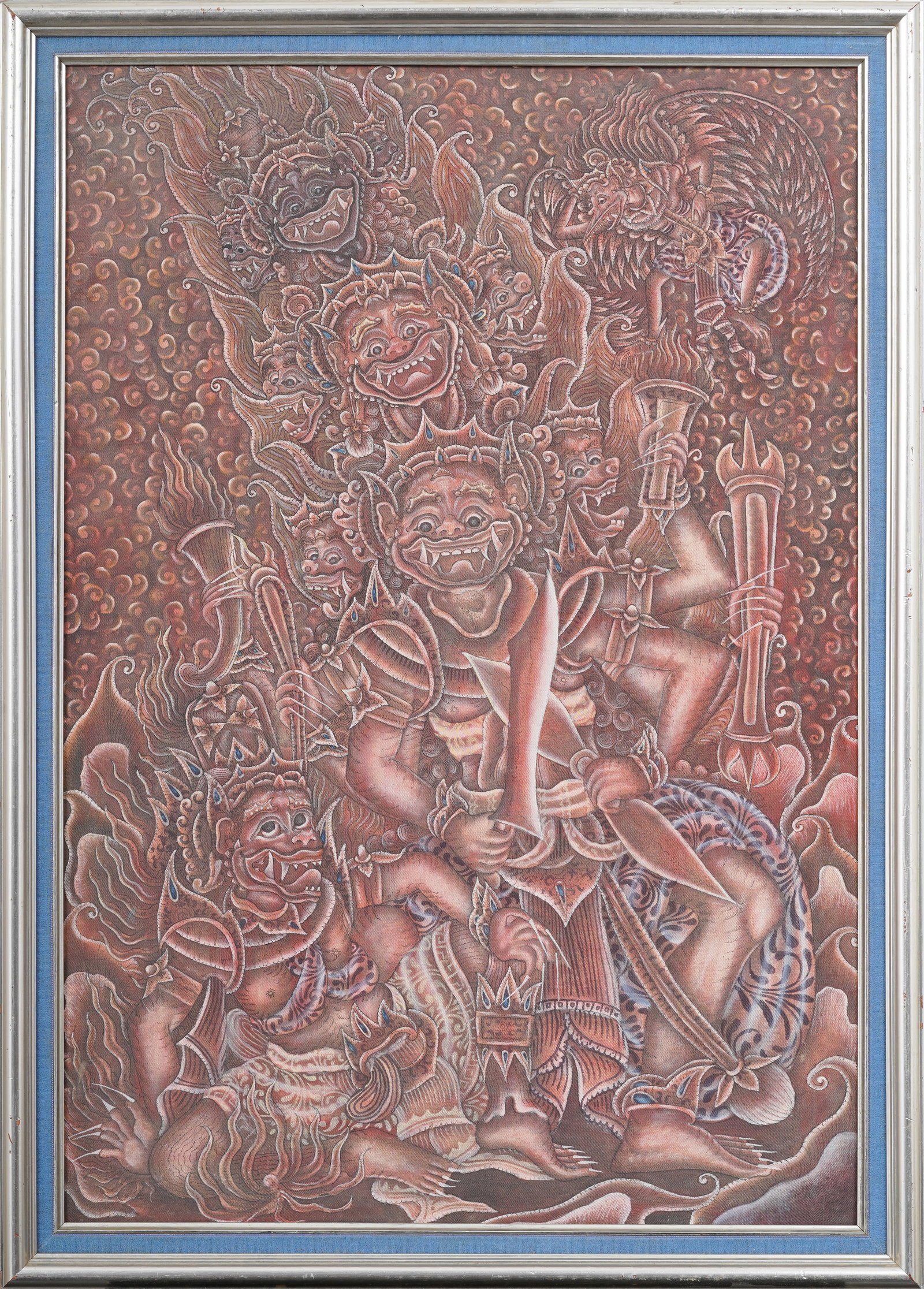 Antique Signed Appearance of Kali Balinese Ubud Intricate Framed Original Oil Painting on Board: Antique Balinese oil painting. Signed. Measuring: 22 by 30.5 inches overall, and 19 by 28.5 painting alone. Please see all images for condition. Size is measured and written on the back of the paintin