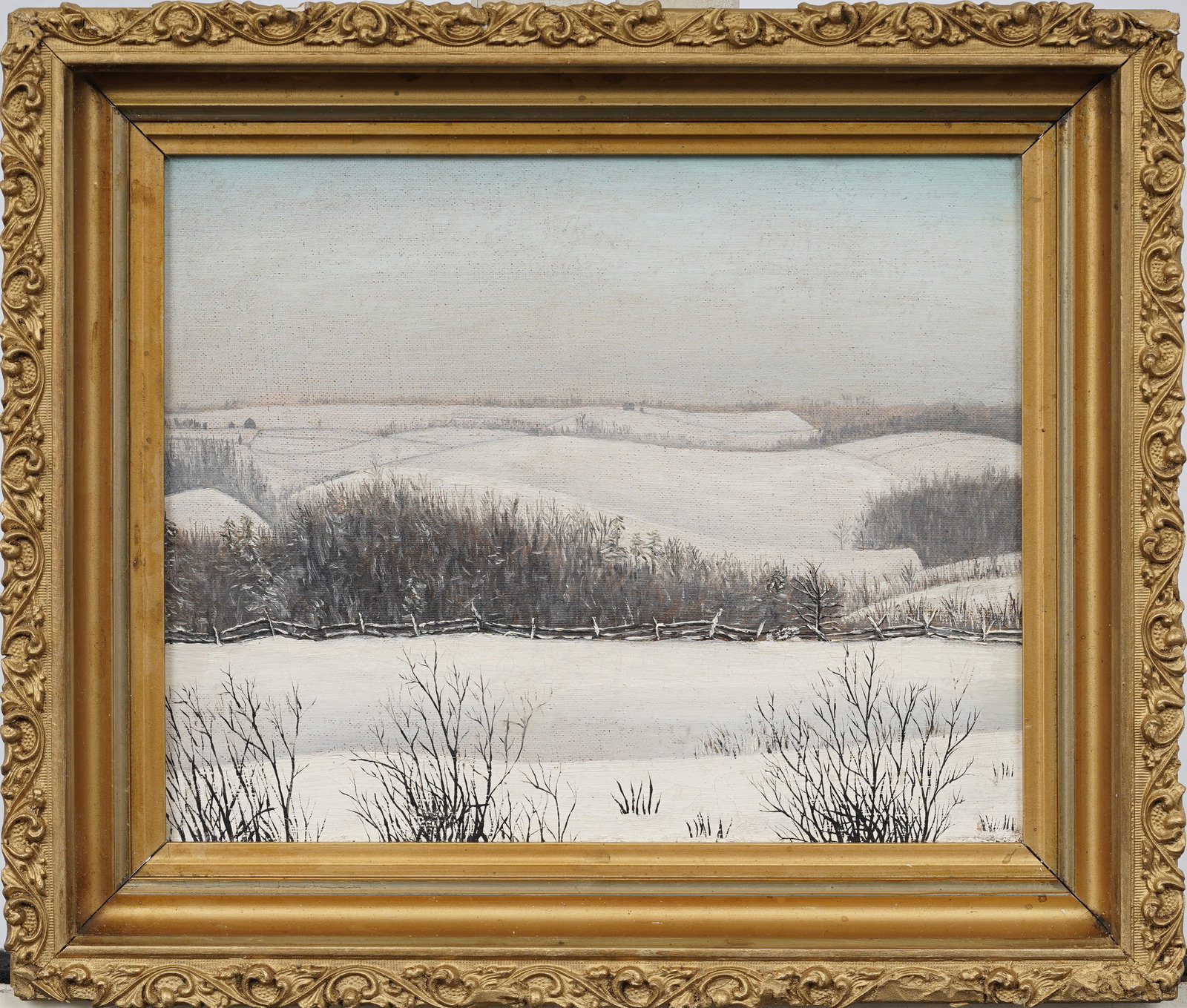 Antique 19th c. American School Winter Fields Farmland Snowy Landscape Framed Original Oil Painting (1 of 5)