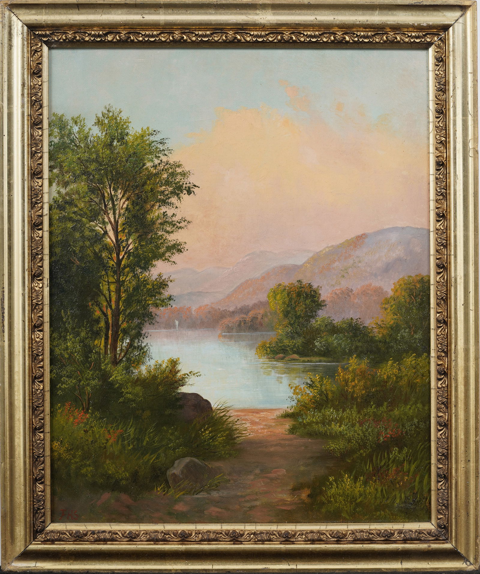 Antique Hudson River School Mountain Sunset River Shore Landscape Original Framed Oil Painting (1 of 8)