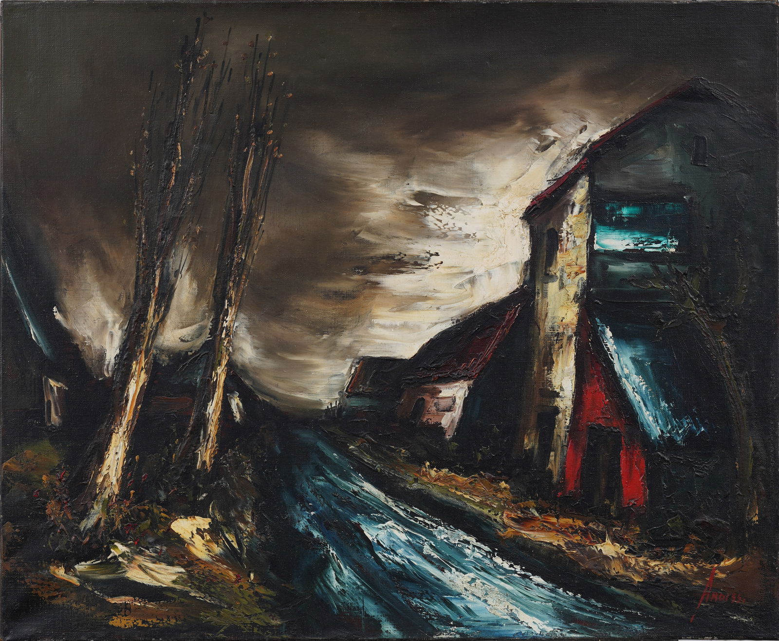 Vintage Signed 20th c. Moody Modernist Abandoned Landscape Nocturnal Street Original Oil Painting: Vintage European street scene oil painting. Oil on canvas. Signed. Measuring: 19.5 by 24 inches overall. Please see all images for condition. Size is measured and written on the back of the painting o