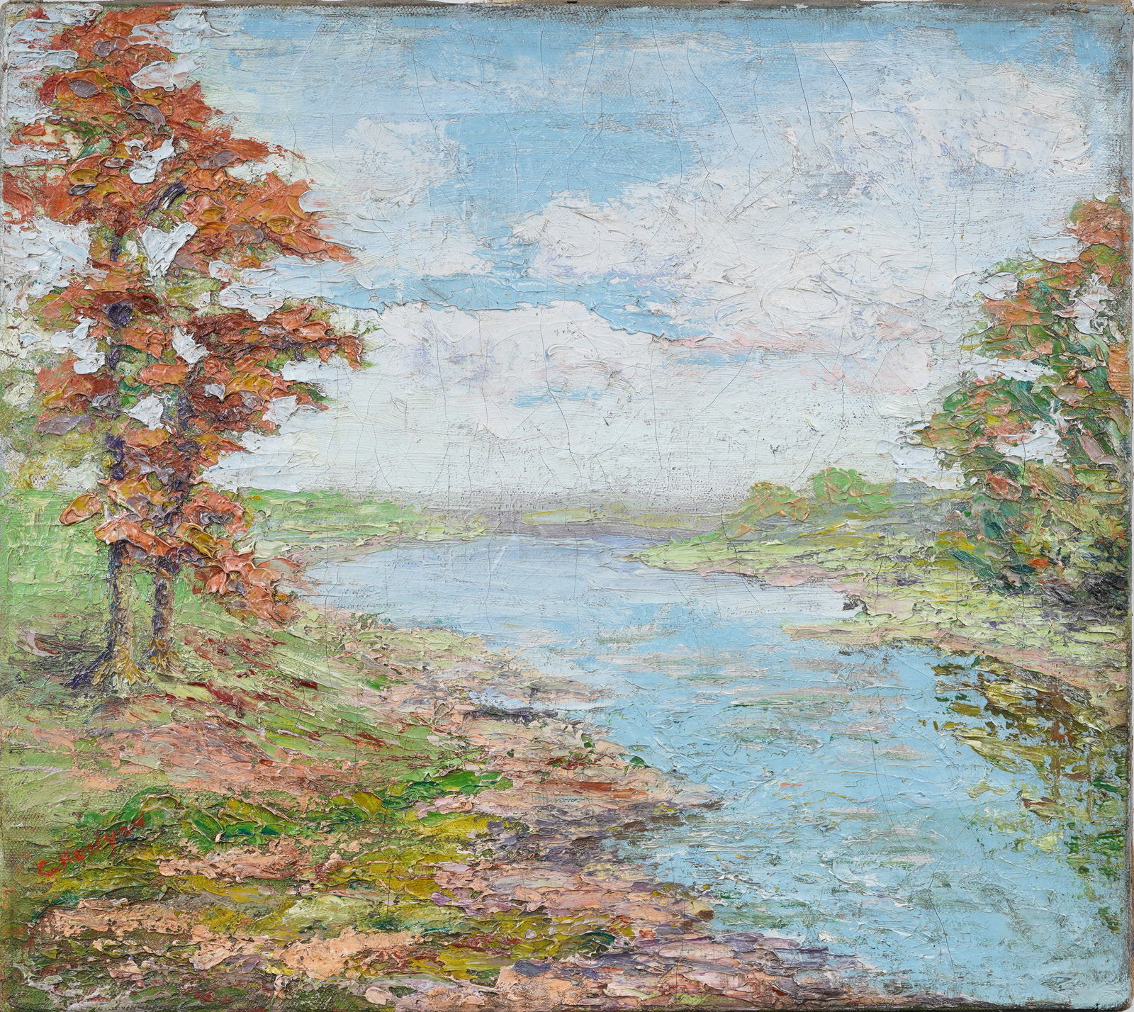 Vintage American Textural Landscape Signed "C. Kenyon" Thick Impasto Impressionist Oil Painting: Antique American impressionist landscape oil painting. Oil on canvas. Signed. Measuring: 16 by 18 inches overall. Please see all images for condition. Size is measured and written on the back of the p