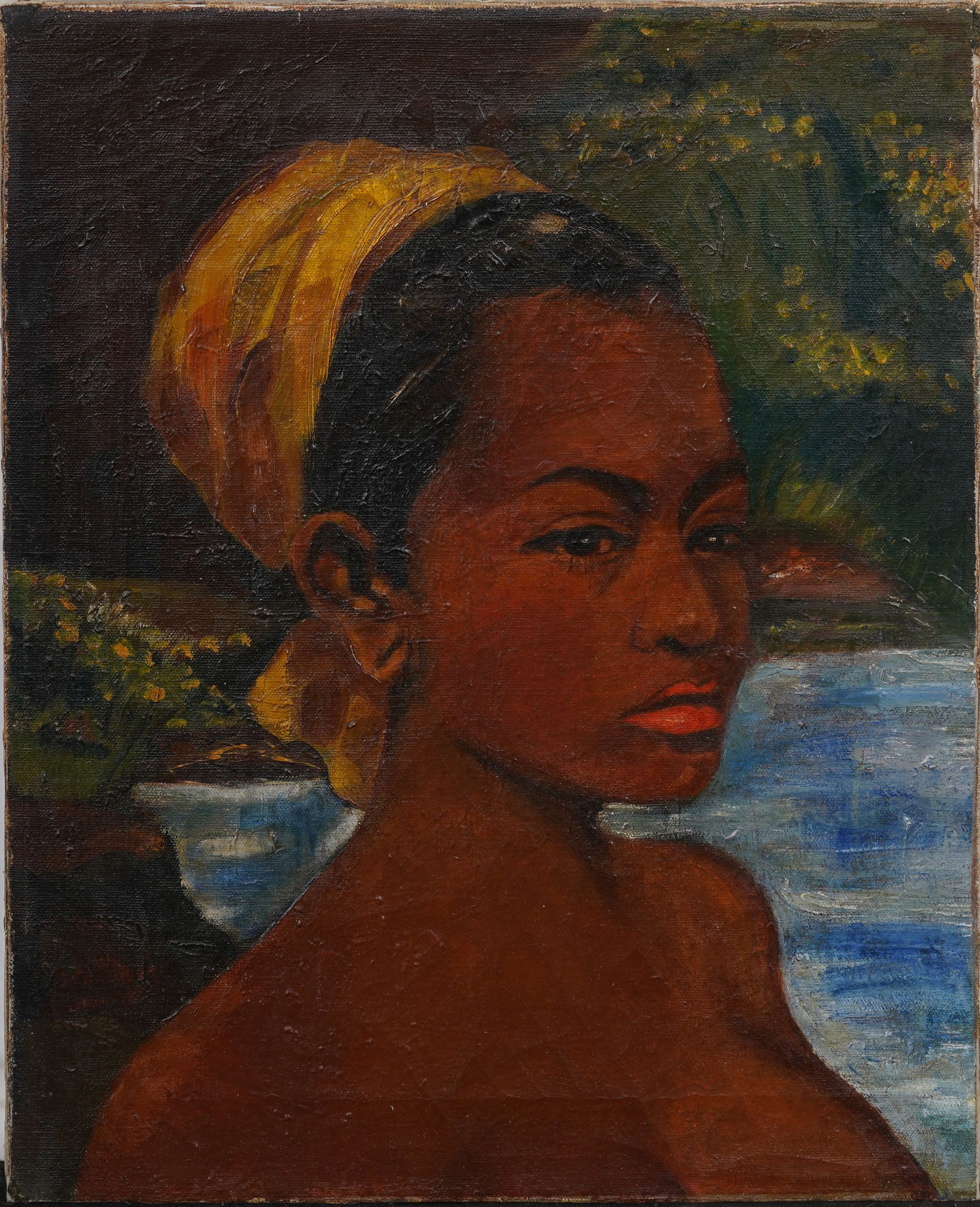 Vintage Vibrant Exoticism Tahitian Woman Bust Portrait Original Beach Landscape Oil Painting: Vintage European oil painting. Measuring: 14 by 18 inches overall. Please see all images for condition. Size is measured and written on the back of the painting or next to each object. The first size