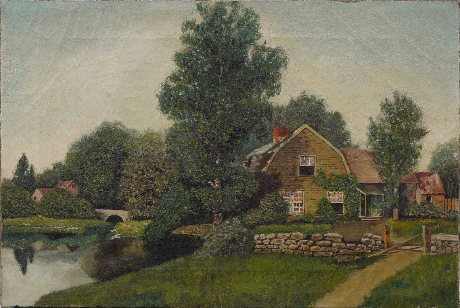 Antique 19th c. American School Bucolic Small Town Farmhouse Landscape Original Oil Painting (1 of 5)