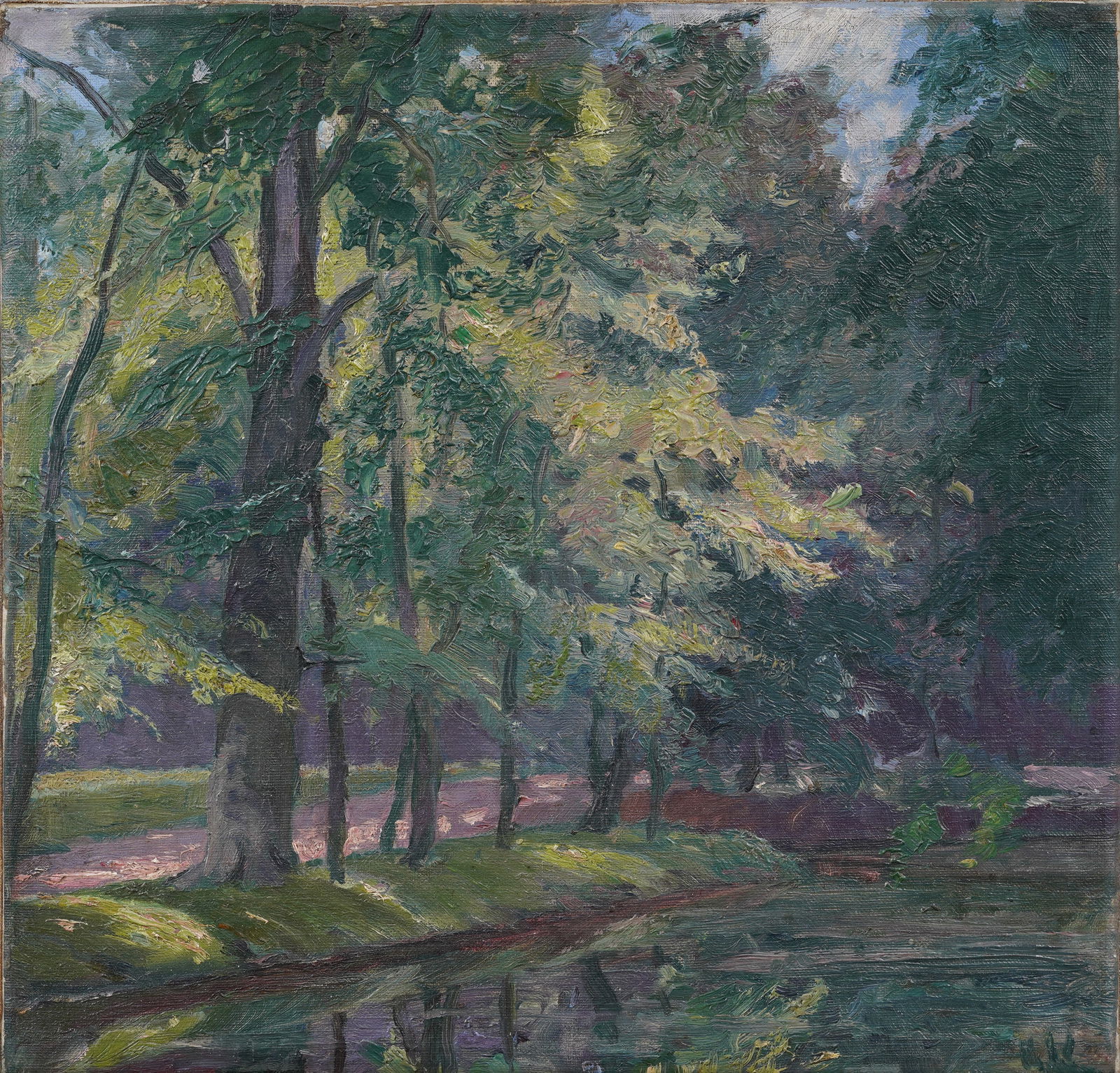Vintage European Impressionist Forest Interior Landscape Original Oil Painting: Vintage European landscape oil painting. Measuring: 14 by 14.5 inches overall. Please see all images for condition. Size is measured and written on the back of the painting or next to each object. The
