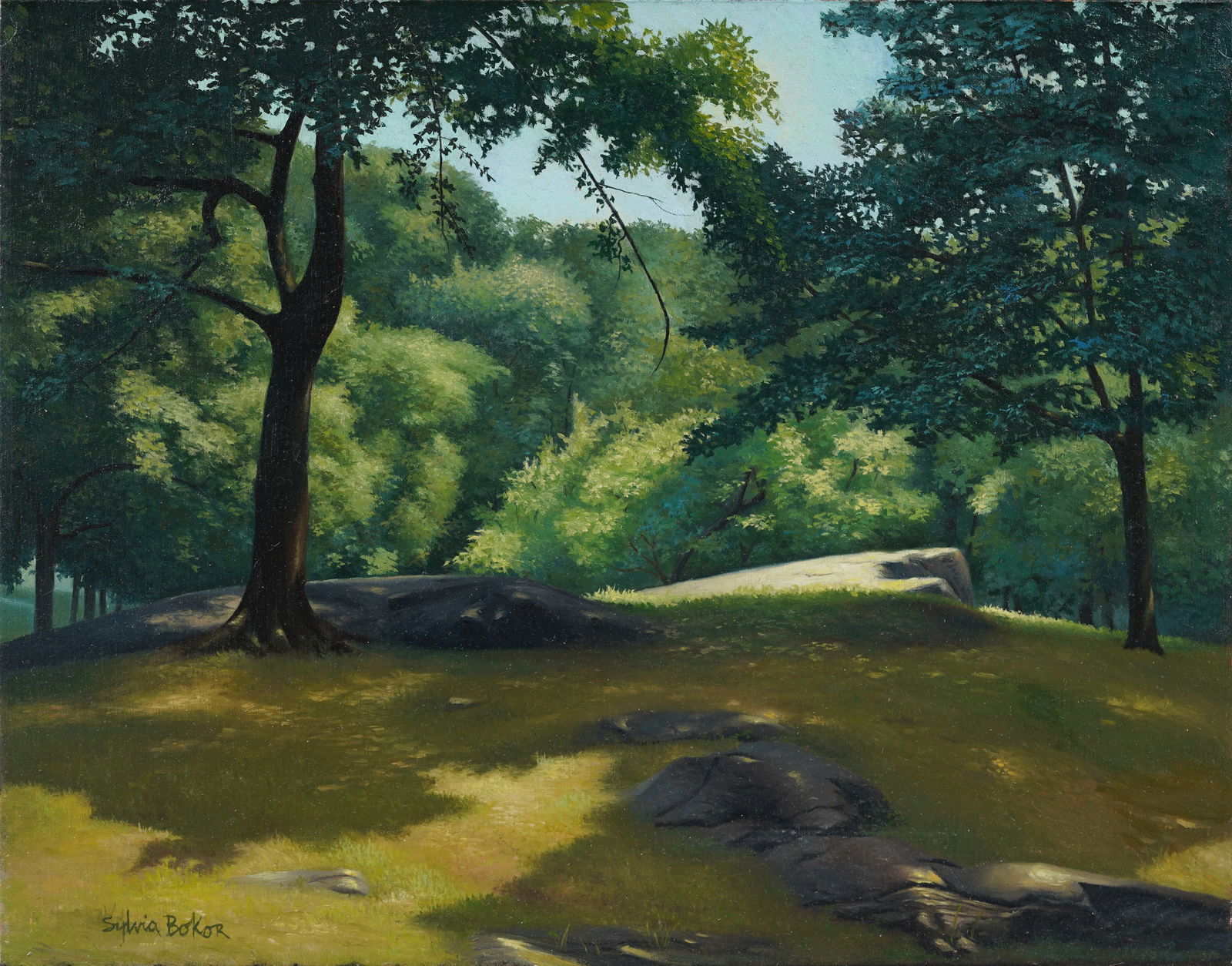Sylvia Bokor Vintage American Forest Clearing Landscape Original Signed Oil Painting on Board: Vintage American oil painting by Sylvia Bokor. Measuring: 11 by 14 inches overall. Please see all images for condition. Size is measured and written on the back of the painting or next to each object.
