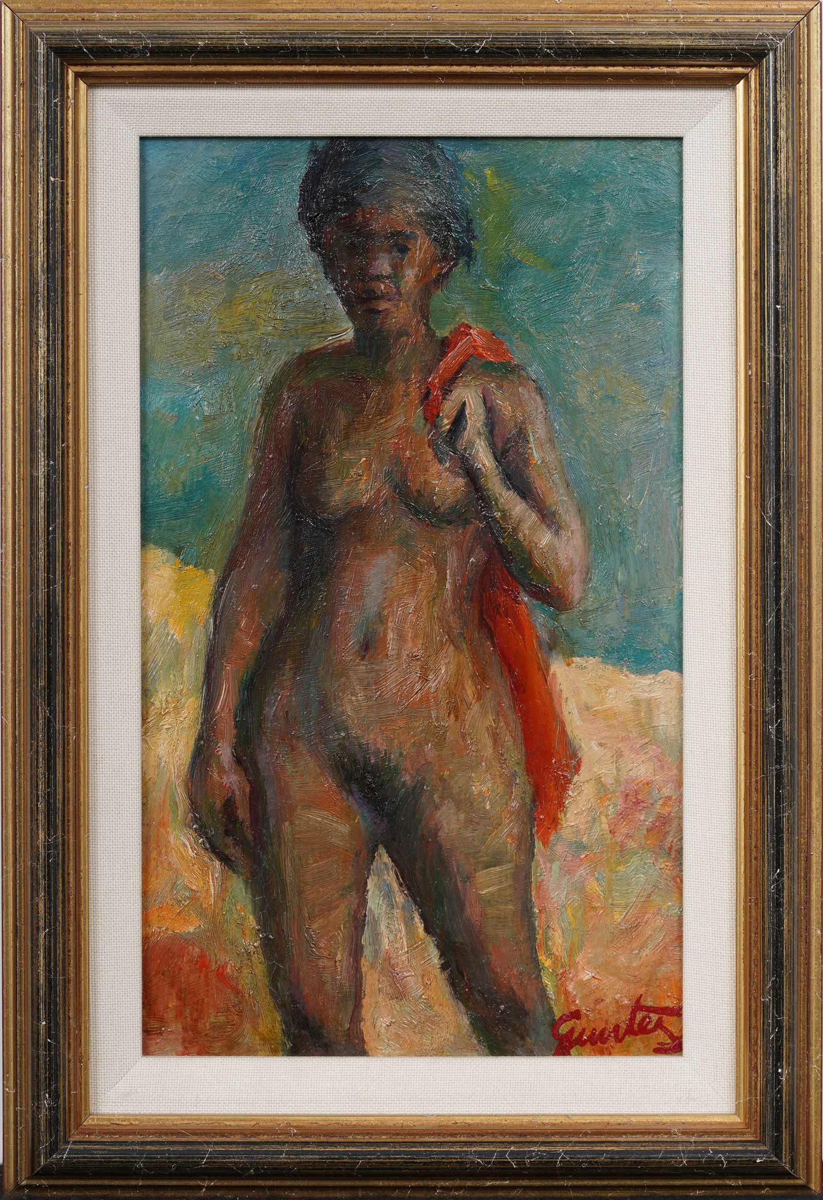 Lester Gunter (b.1936) Signed Mid Century African American Black Woman Nude Framed Oil Painting: Vintage American oil painting. Signed. Framed. Measuring: by inches overall, and by painting alone. Please see all images for condition. Size is measured and written on the back of the painting or nex