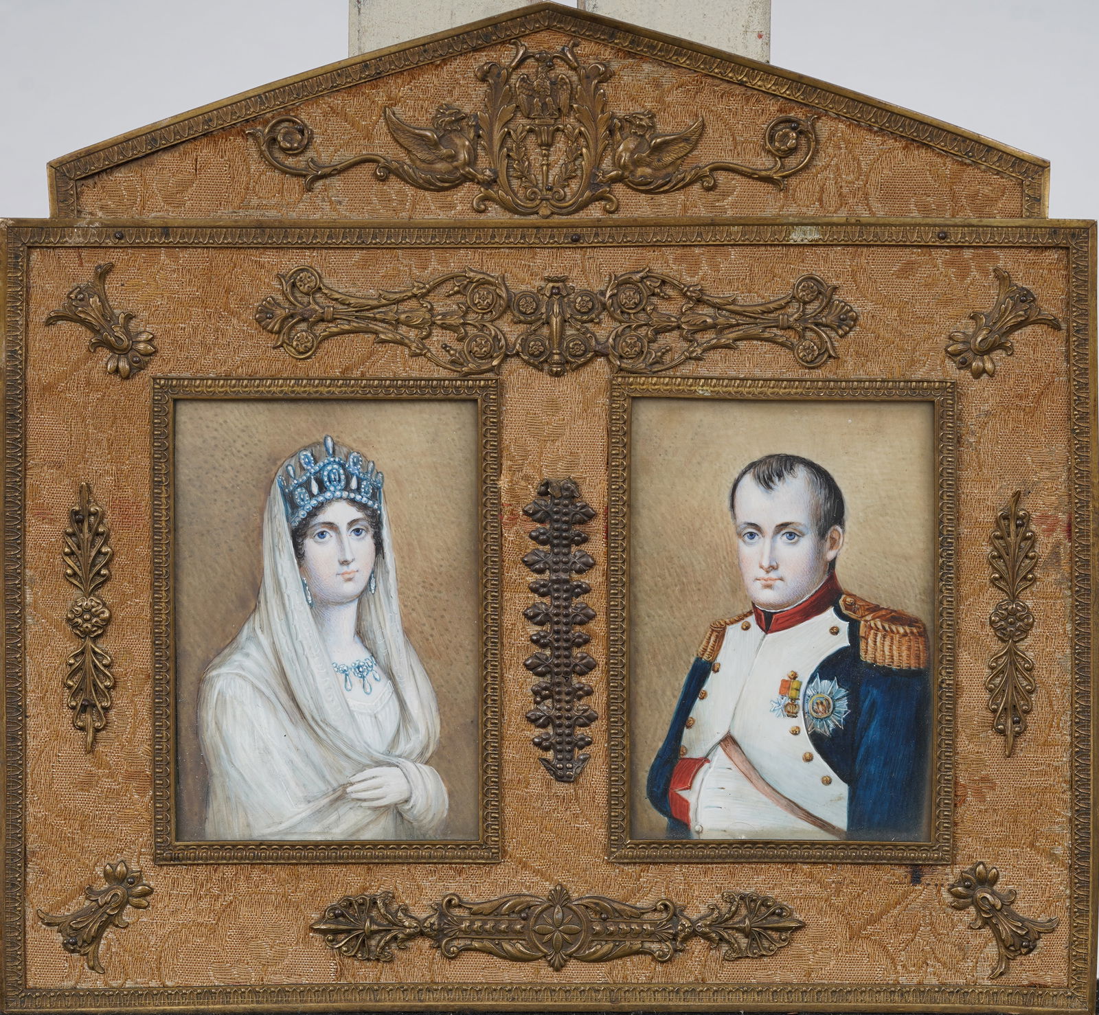 Finely Framed Double Miniature Portraits Napoleon and Josephine French Gouache on Paper: Antique European gouache painting. Framed. Measuring: 8 by 4 inches overall, and 3.25 by 2.25 each painting alone. Please see all images for condition. Size is measured and written on the back of the