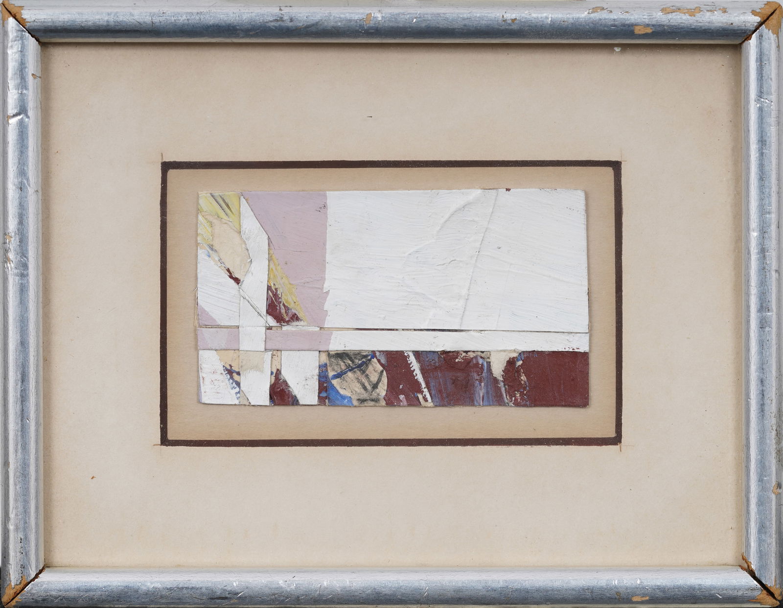 ATTR Budd Hopkins (1931-2011) Mid Century American Mixed Media Hard Edge Geometric Collage Painting: Vintage American mixed media collage. Framed. Measuring: 6 by 7 inches overall, and 2.5 by 4 painting alone. Please see all images for condition. Size is measured and written on the back of the painti