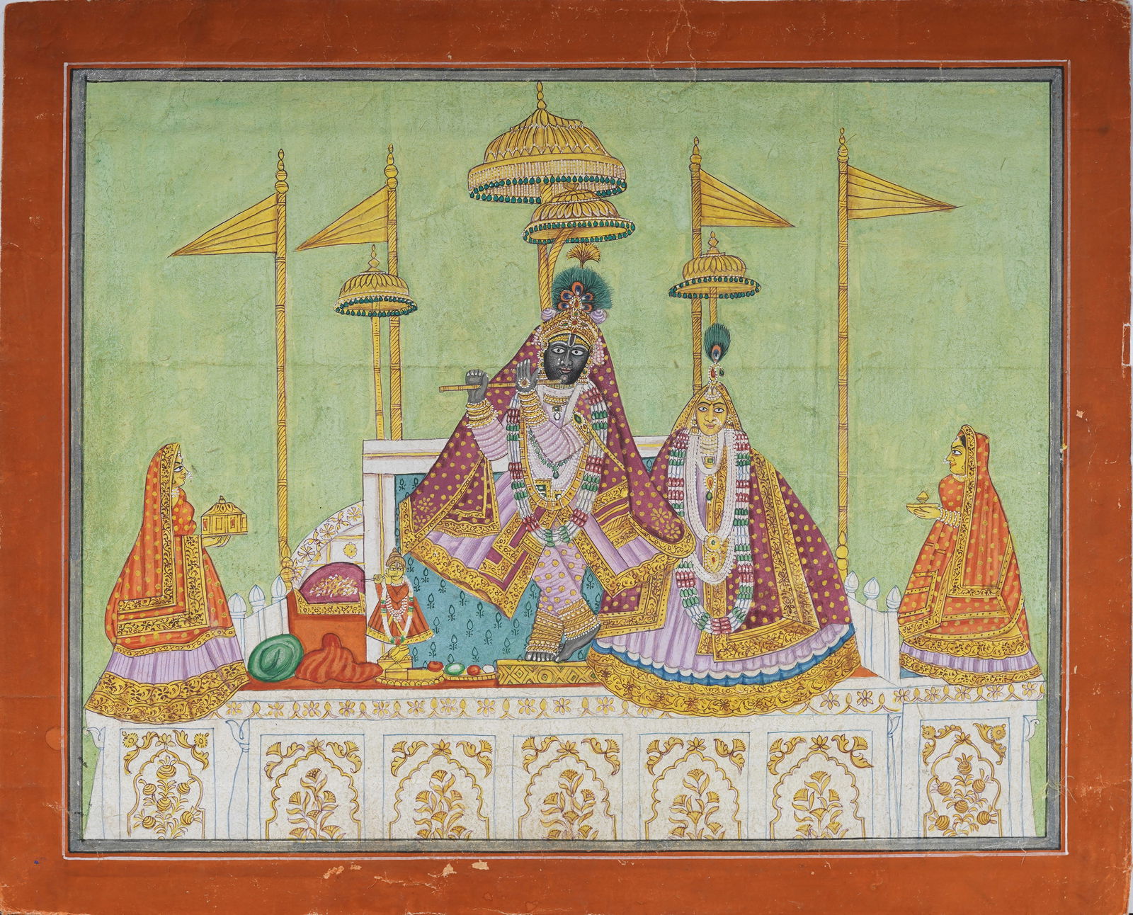 Vintage Indian Pichwai Krishna and Companion Original Painting on Textile (1 of 8)