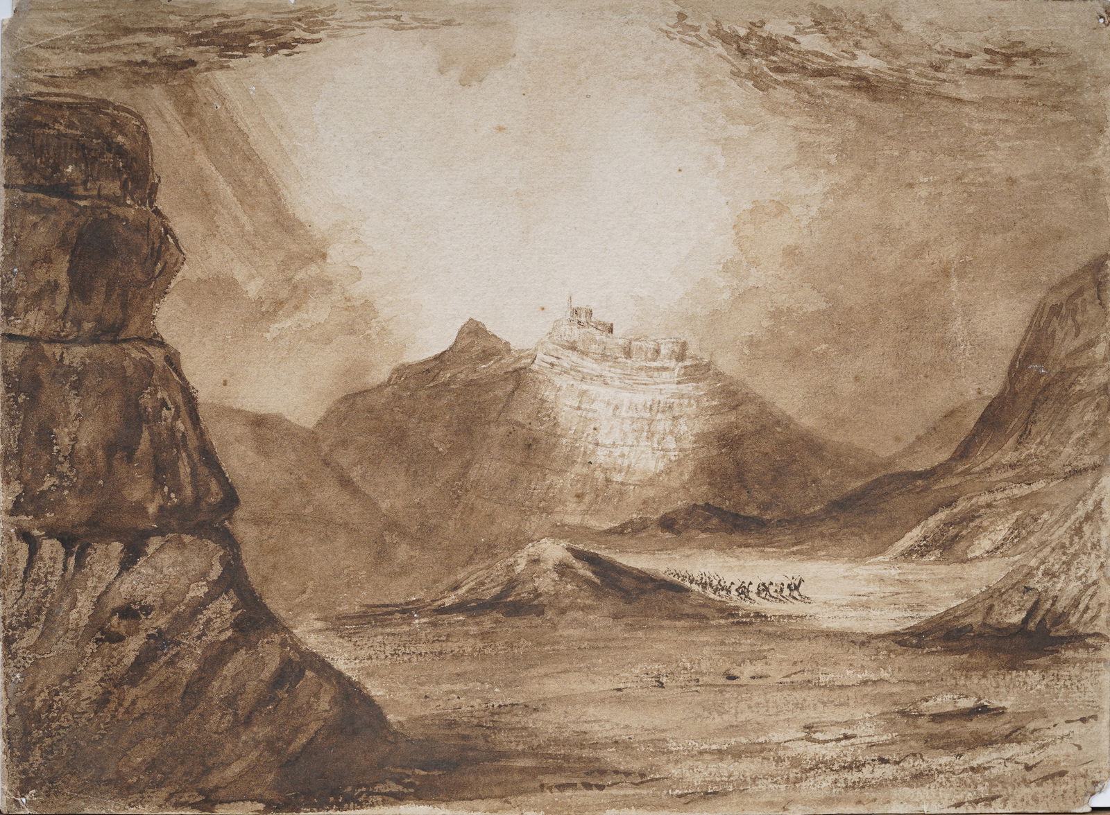 Antique Inscribed French Desert Mountain Range Wandering Group Original Watercolor Sketch (1 of 9)