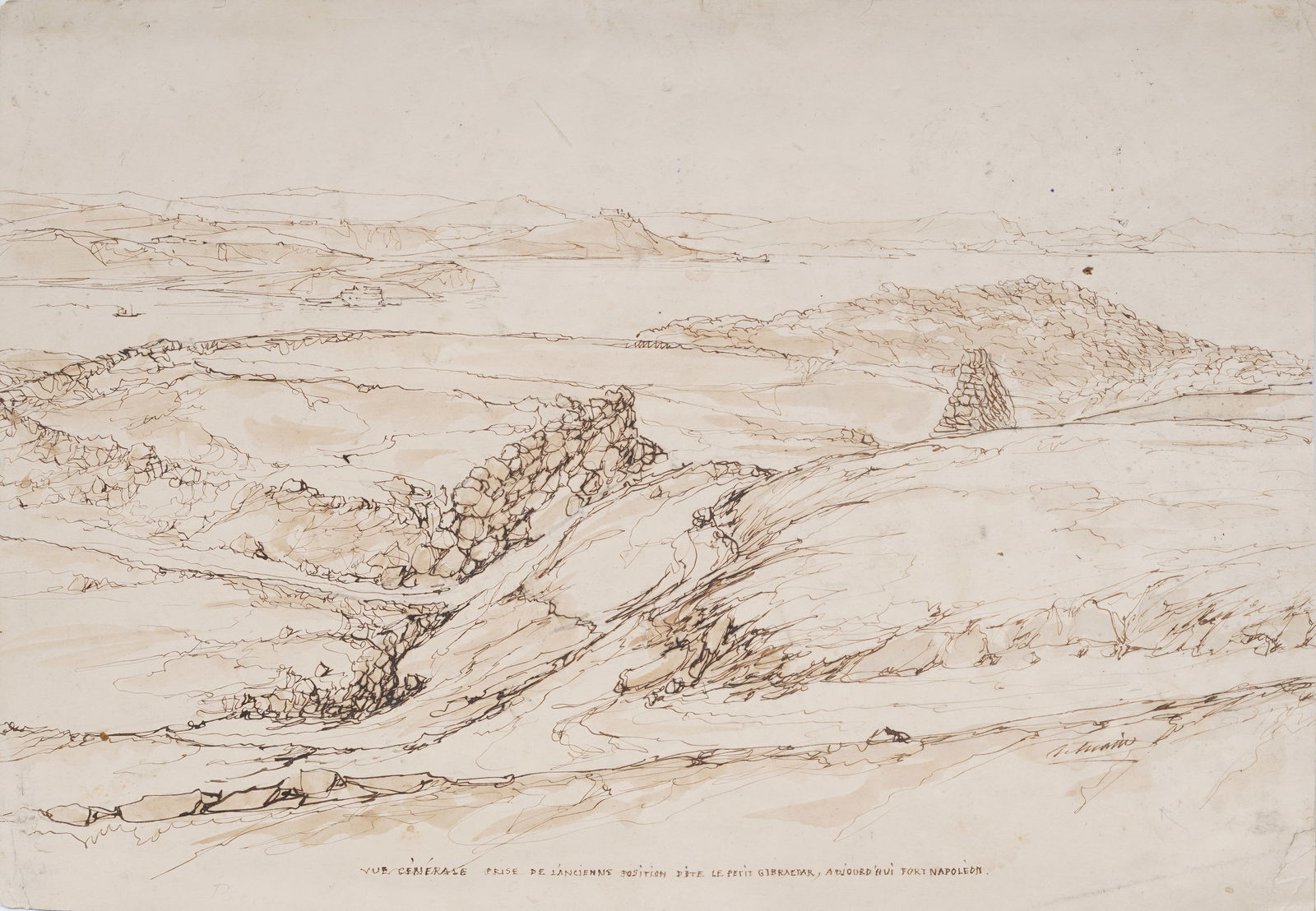 Antique French Pen and Ink Drawing of Ruins of British Forts in Western Desert Cairo: Antique French ink drawing. Inscribed verso. Measuring: 11 by 15.5 inches overall, and 16 by 20 painting alone. Please see all images for condition. Size is measured and written on the back of the pai