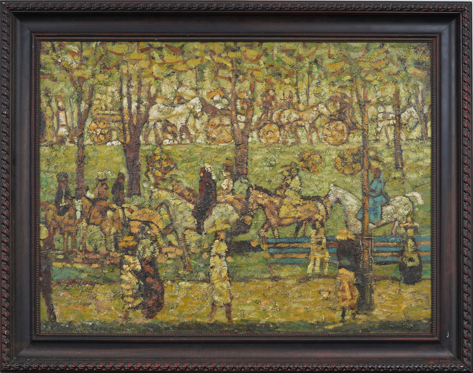 Antique American Post-Impressionist Central Park Style of Maurice Prendergast Original Oil Painting: Antique American oil painting. Signed. Framed. Measuring: 38 by 48 inches overall, and 30 by 40 painting alone. Please see all images for condition. Size is measured and written on the back of the pai