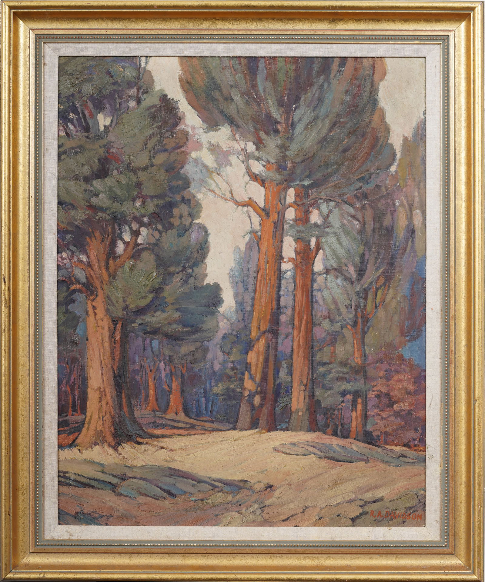 Roy Atherton Davidson (B1887) Framed California Impressionist Redwoods Landscpe Oil Painting: 20th c. American original oil painting by Roy Atherton Davidson (Born 1887). Signed "R A Davidson". Framed. Measuring: 34 by 28 inches overall, and 28 by 22 painting alone. Please see all images for c