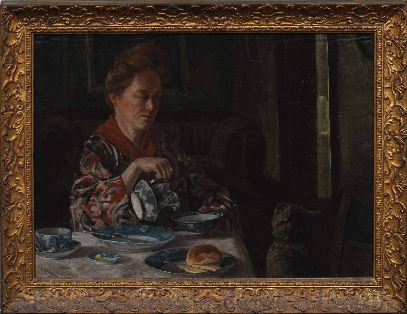 Edgar J Taylor (b. 1862) Antique Coffee with Kitten Intimate Breakfast Table Portrait Oil Painting: Antique American oil painting. Signed. Framed. Labeled verso. Measuring: 27 by 36 inches overall, and 22 by 30 painting alone. Please see all images for condition. Size is measured and written on the