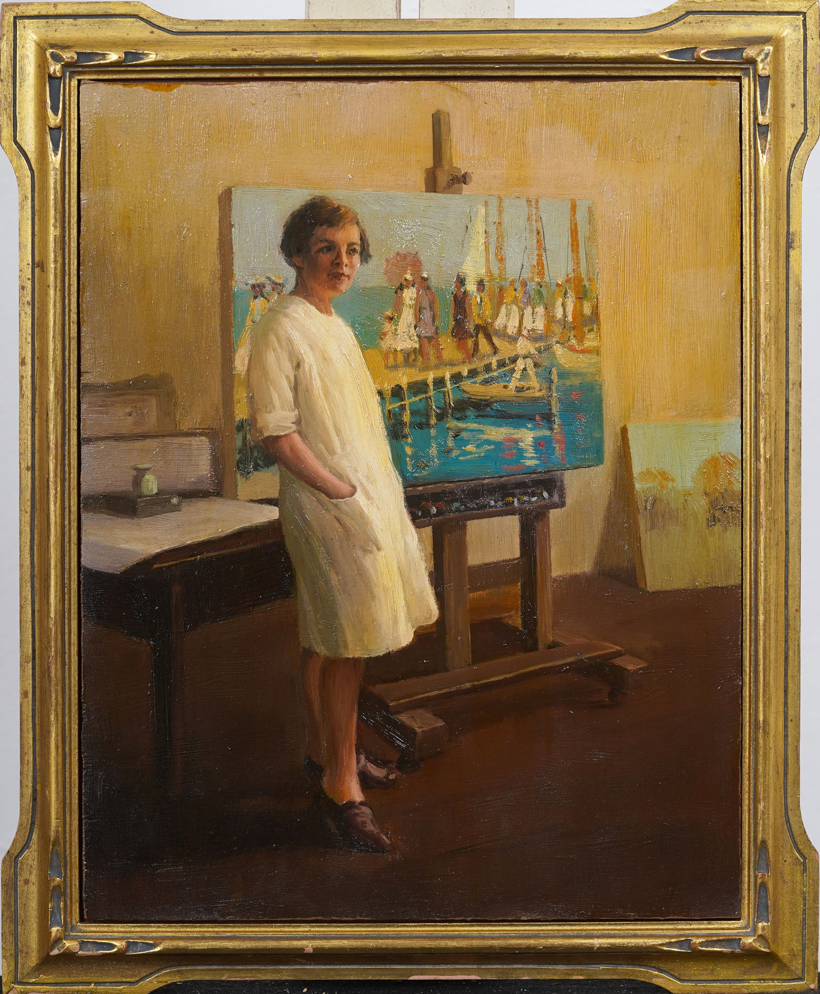 20th c. American Portrait of Jane Peterson Maritime Artist in the Studio Oil Painting on Wood Panel (1 of 6)