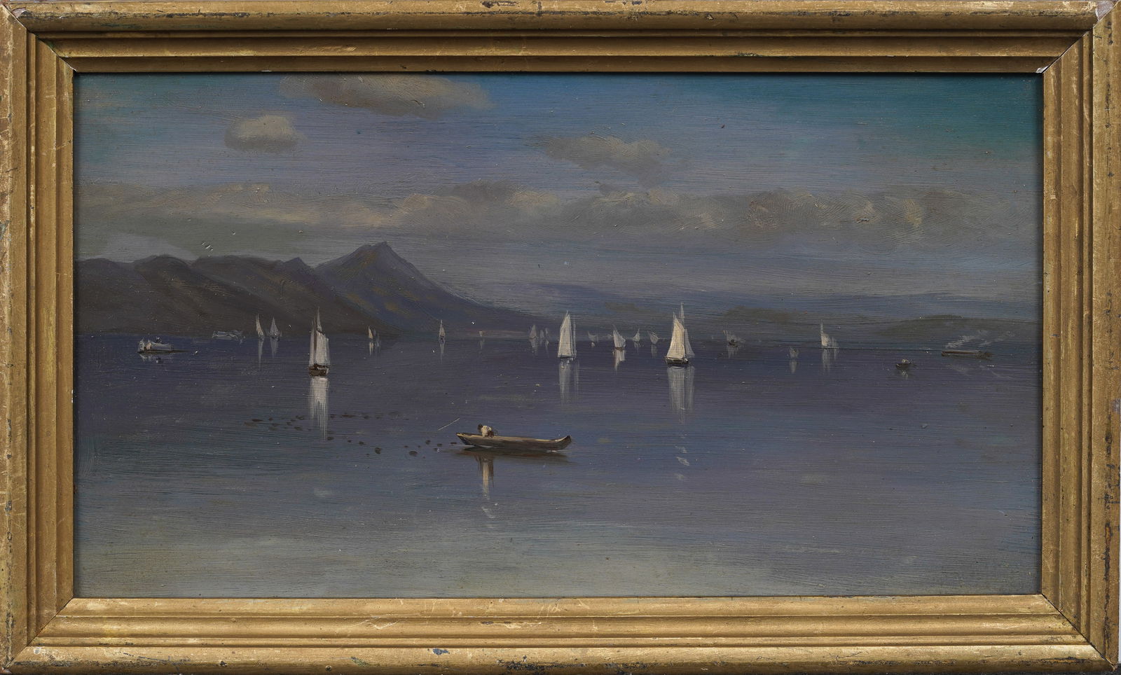 Vintage Hudson River School Sailboats on Water Original Oil Painting on Wood Panel: Vintage American oil painting. Framed. Measuring: 9 by 15 inches overall, and 8 by 14 painting alone. Please see all images for condition. Size is measured and written on the back of the painting or n