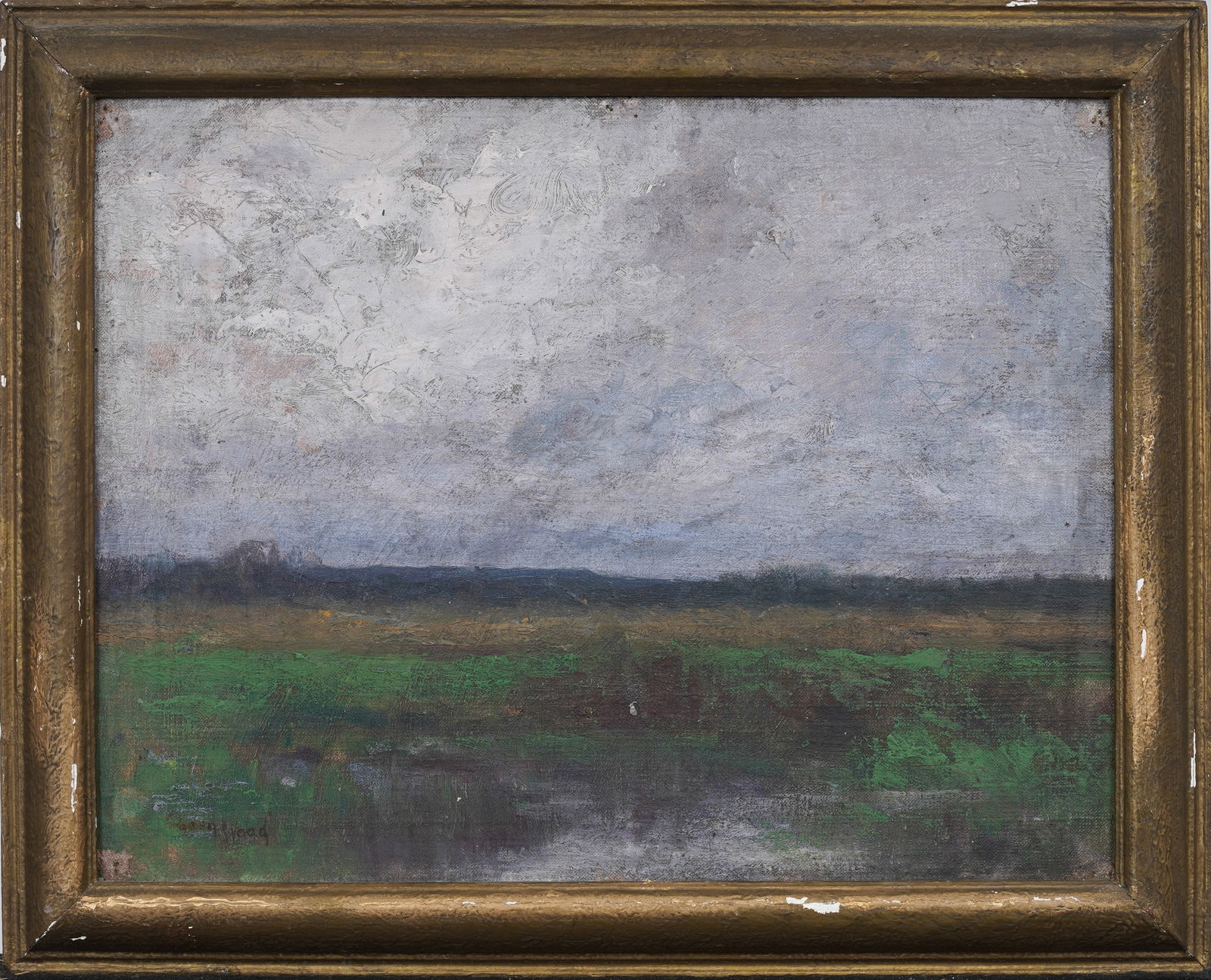Attr. Ogden Wood (1851-1912) Antique Impressionist Foggy Marsh Landscape Oil on Wood Panel: Antique American oil painting. Signed. Framed. Measuring: 12 by 15 inches overall, and 10 by 13 painting alone. Please see all images for condition. Size is measured and written on the back of the pai