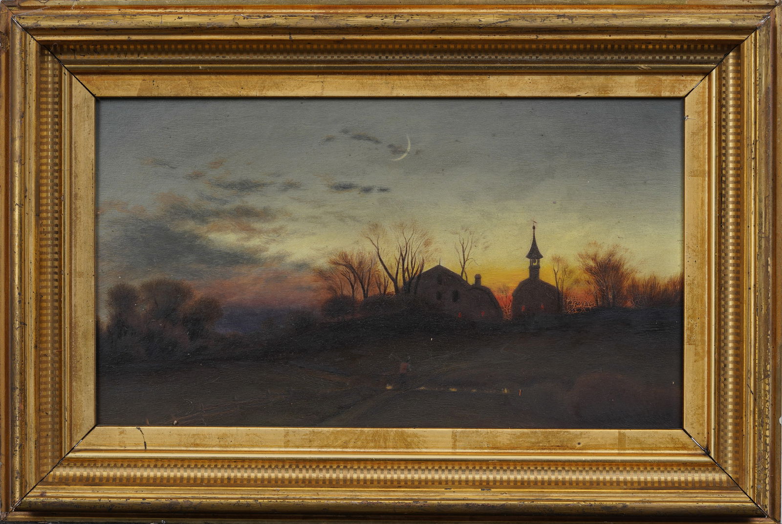 Antique American School Luminous Twilight Church Steeple Scene Original Framed Oil Painting: Antique American oil painting. Framed. Measuring: 11 by 17 inches overall, and 7.5 by 13 painting alone. Please see all images for condition. Size is measured and written on the back of the painting o