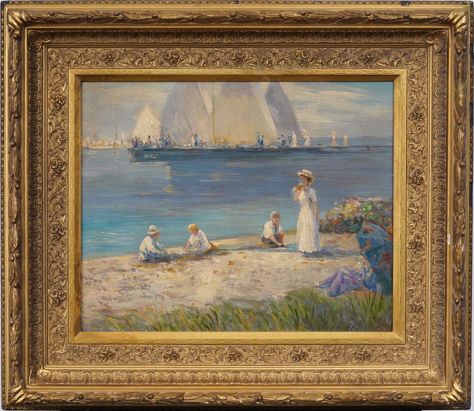 Vintage American Beach and Sailboats Original Frames Oil Painting on Wood Panel (1 of 9)