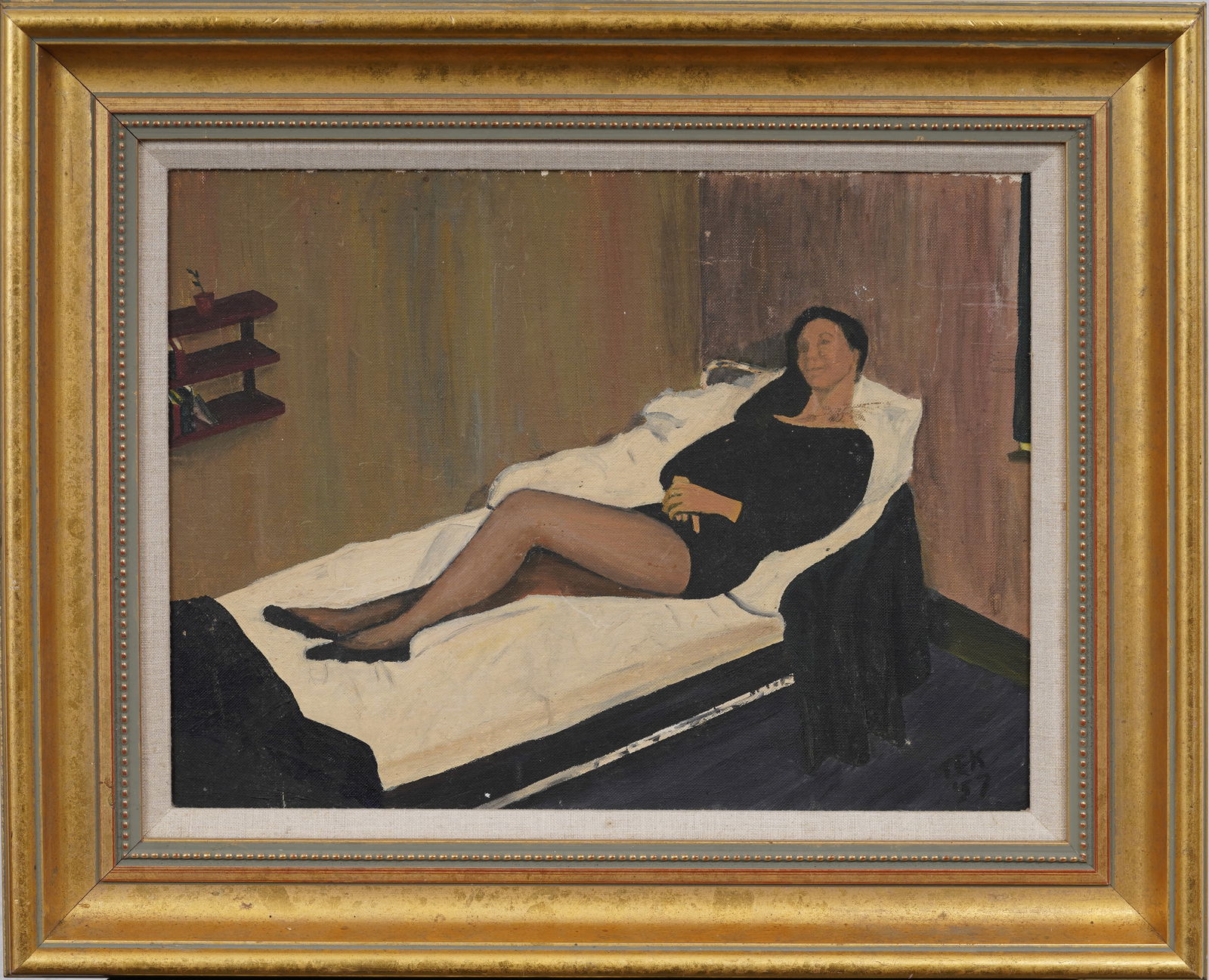 Mid Century American Modernist Woman on Couch Original Framed Oil Painting on Board: Mid century American oil painting. Signed and dated. Framed. Measuring: 18 by 22 inches overall, and 12 by 16 painting alone. Please see all images for condition. Size is measured and written on the b