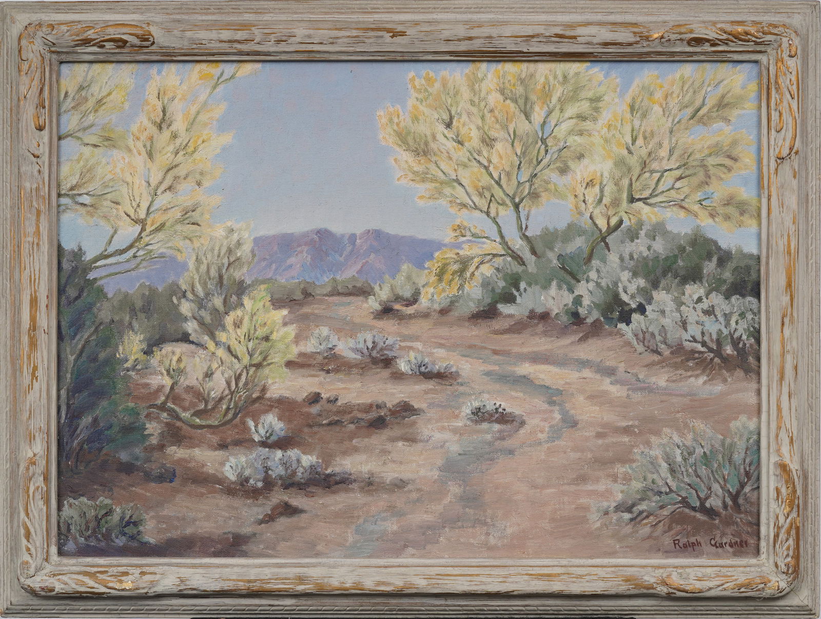 Ralph Gardner 20th c. American California Desert Brush Landscape Signed Original Oil Painting: Vintage American oil painting. Signed. Framed. Measuring: 24 by 32 inches overall, and 20 by 28 painting alone. Please see all images for condition. Size is measured and written on the back of the pai
