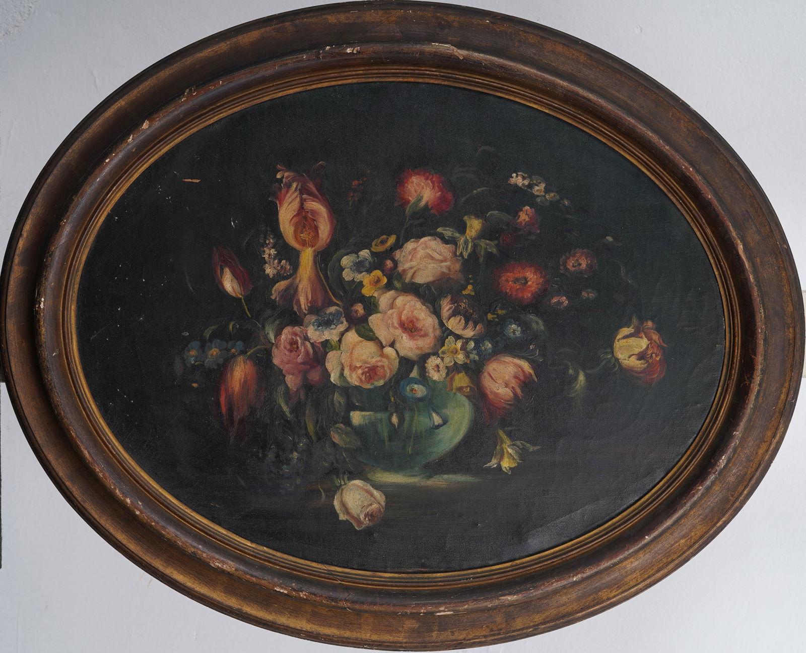 Antique Oval Dutch School Flower Arrangement Still Life Original Framed Oil Painting: Antique Dutch oil painting. Framed. Measuring: 30 by 24 inches overall, and 24.25 by 18.25 painting alone. Please see all images for condition. Size is measured and written on the back of the painting