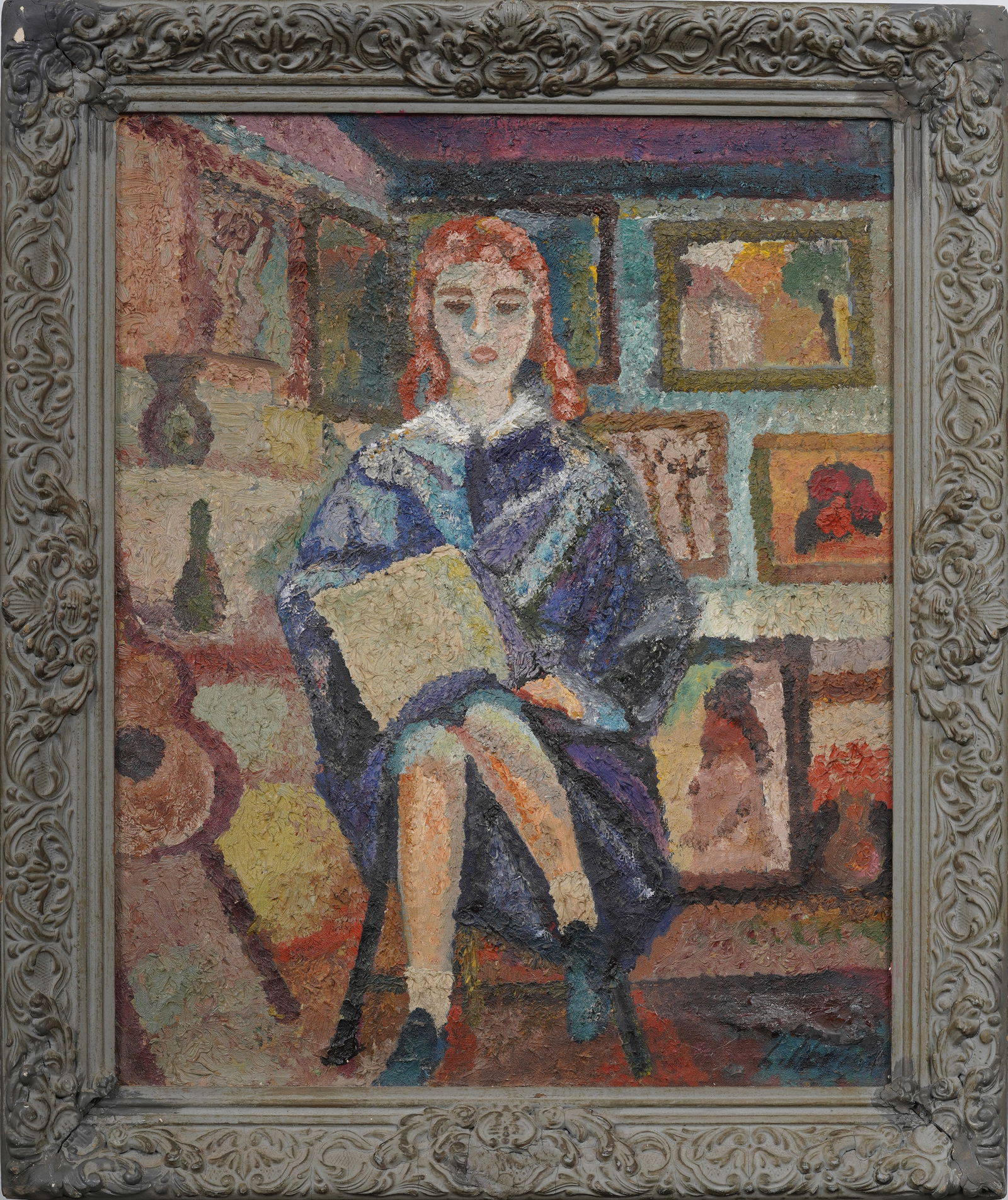 American School Signed "Léon" Post Impressionist Portrait of Artist in Her Studio Original Oil (1 of 6)