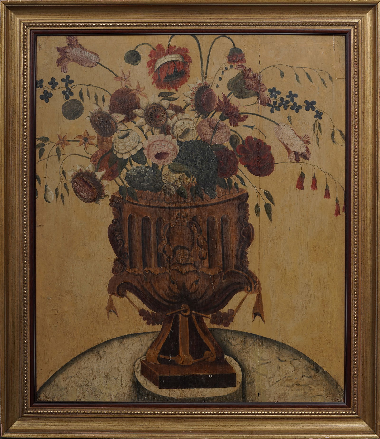 Large Dutch School Still Life Amphora with Flowers Original Framed Oil Painting on Wood Panel (1 of 9)