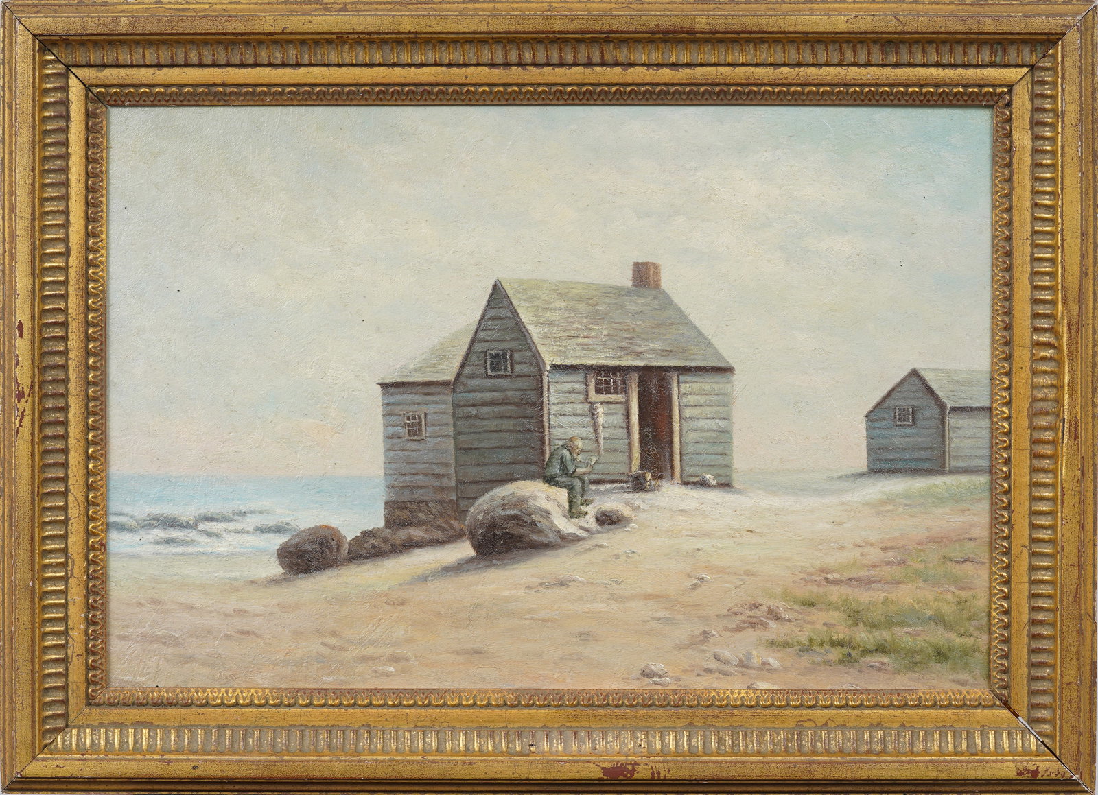 "Seaside Retreat" 20th c. American School Beach Scene Man Reading Framed Original Oil Painting (1 of 8)