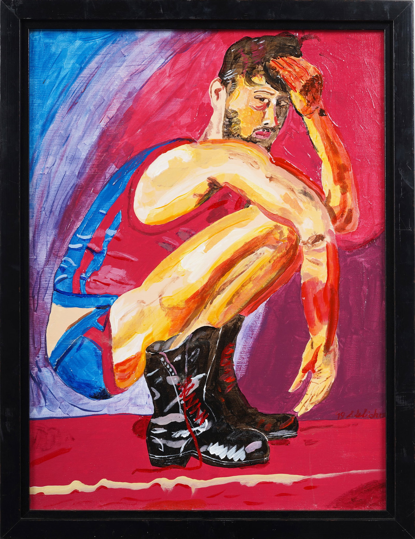 Signed Contemporary 2019 Gay Portrait "Swelter" Handsome Man Framed Portrait: Contemporary American oil painting. Signed. Framed. Measuring: 27 by 20 inches overall, and 24 by 18 painting alone. Please see all images for condition. Size is measured and written on the back of th