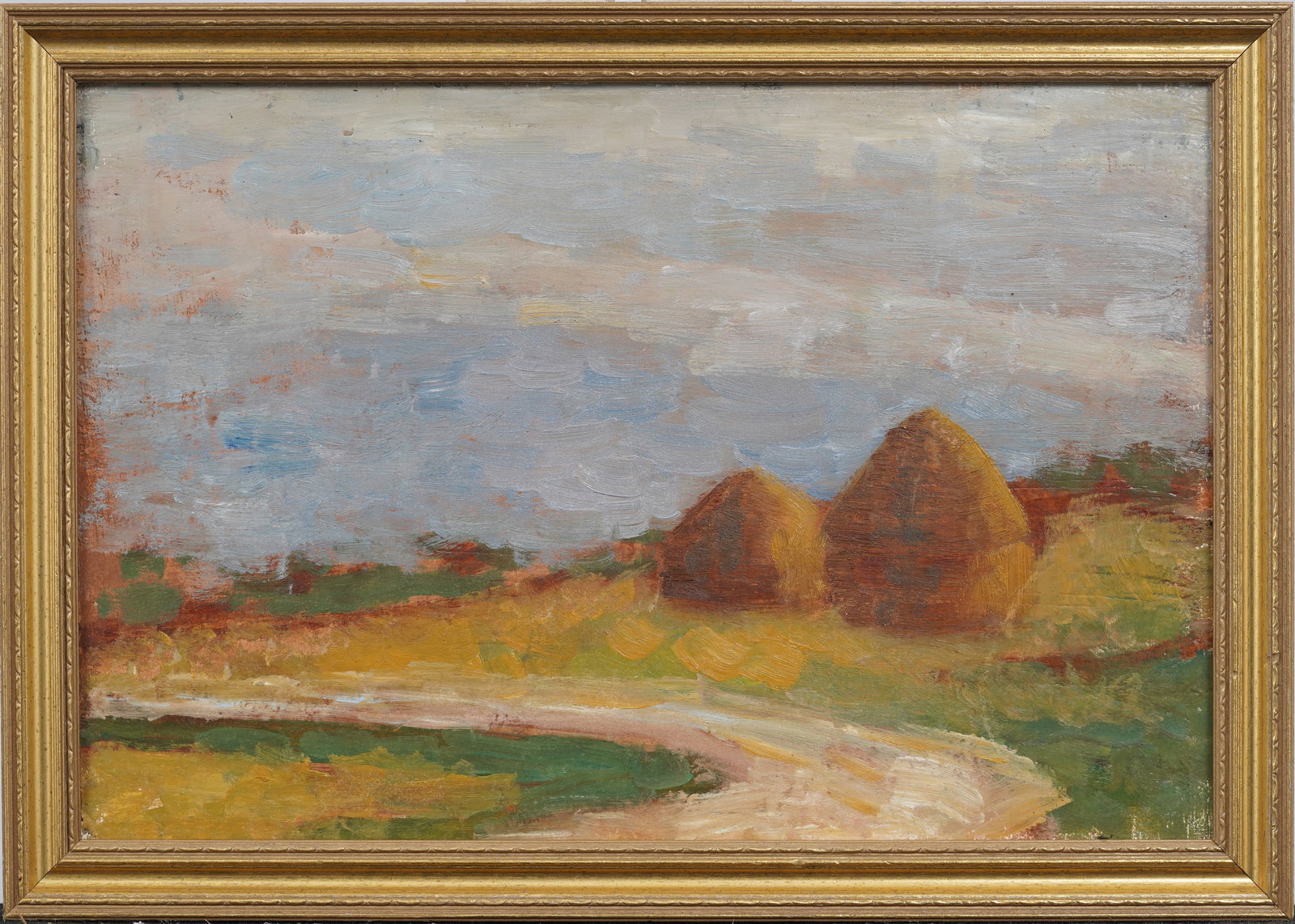 Vintage American Impressionist Framed Haystack Landscape Original Oil Painting: Vintage American impressionist landscape oil painting. Measuring: 9 by 13 inches overall, and 8 by 12 painting alone. Please see all images for condition. Size is measured and written on the back of t