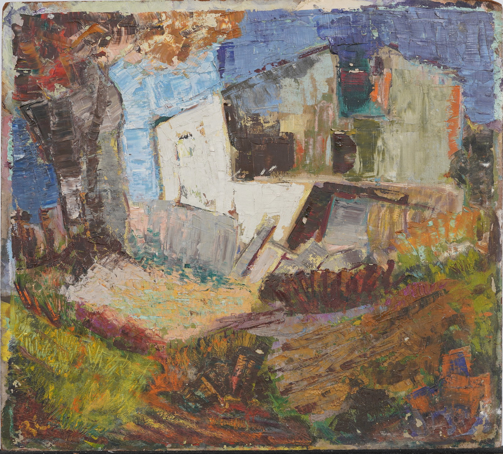 American Modernist Abstract Barn Landscape Oil Painting Signed Monogrammed (1 of 6)