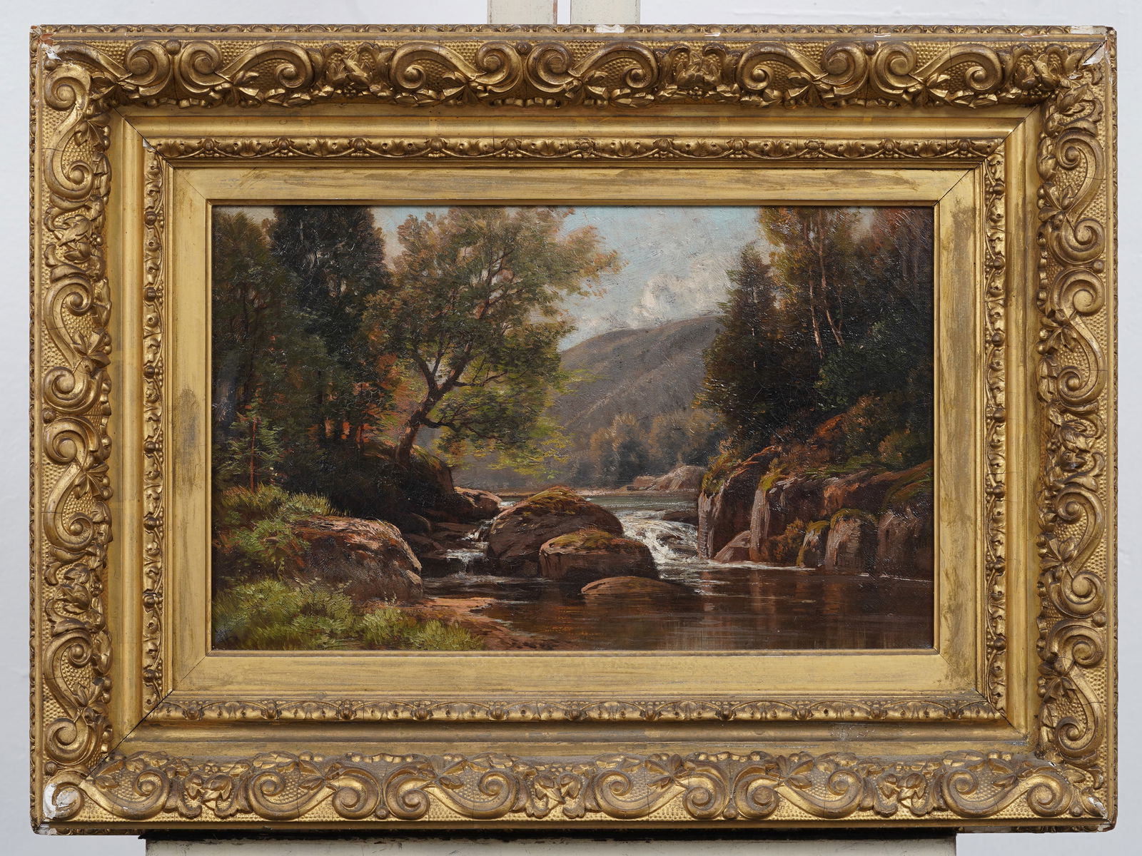 Antique American Hudson River School Monogrammed River Landscape Framed Oil Painting - 2