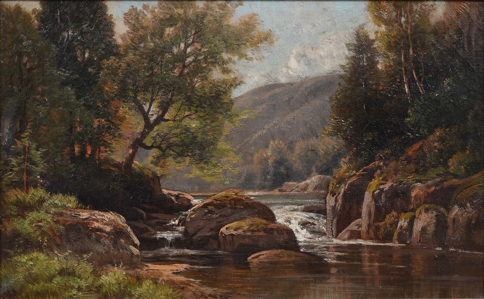 Antique American Hudson River School Monogrammed River Landscape Framed Oil Painting - 3