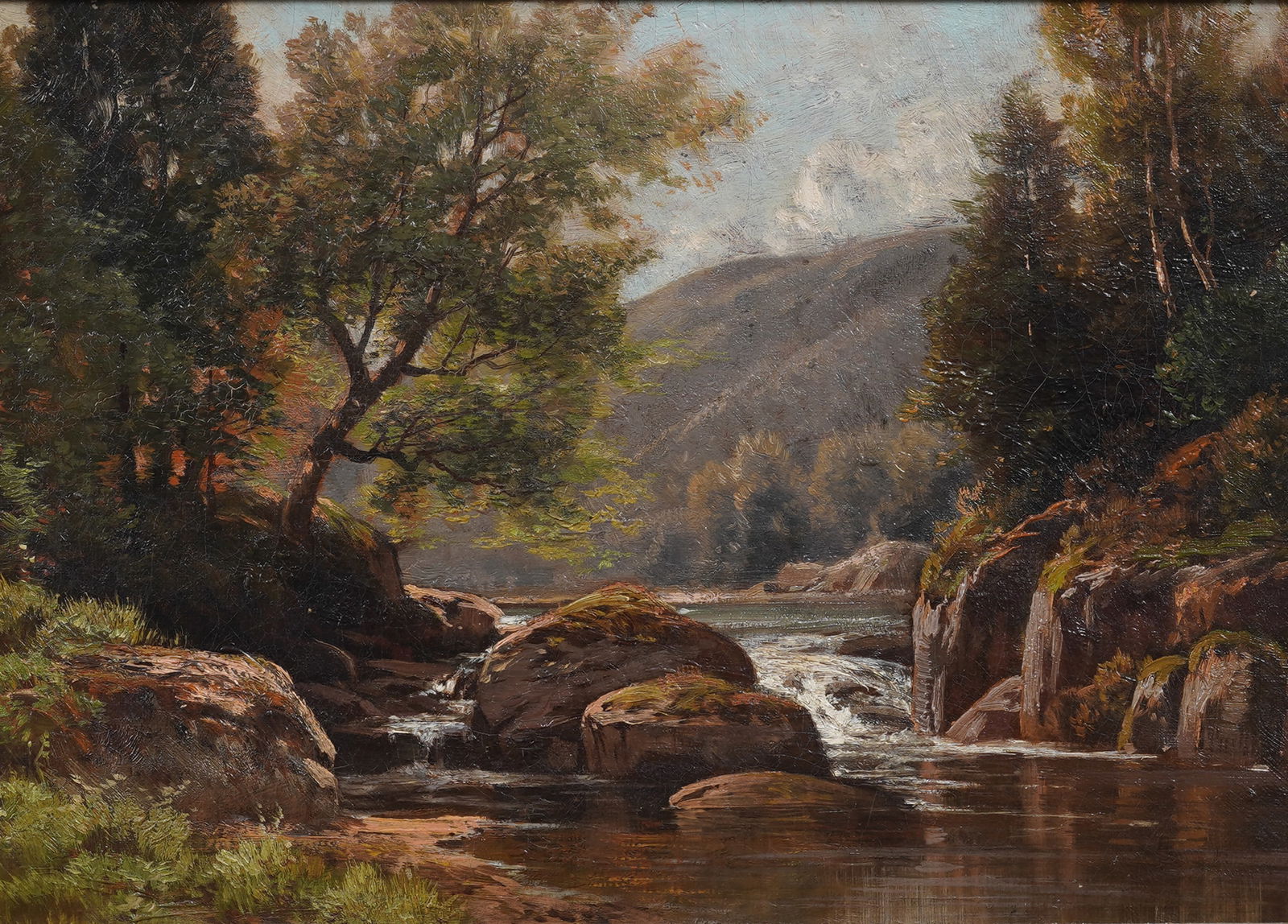 Antique American Hudson River School Monogrammed River Landscape Framed Oil Painting - 4