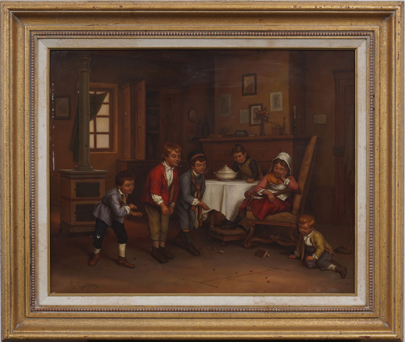 Antique Genre Scene Interior Classroom Kids Playing Marbles Framed Original Oil Painting (1 of 8)