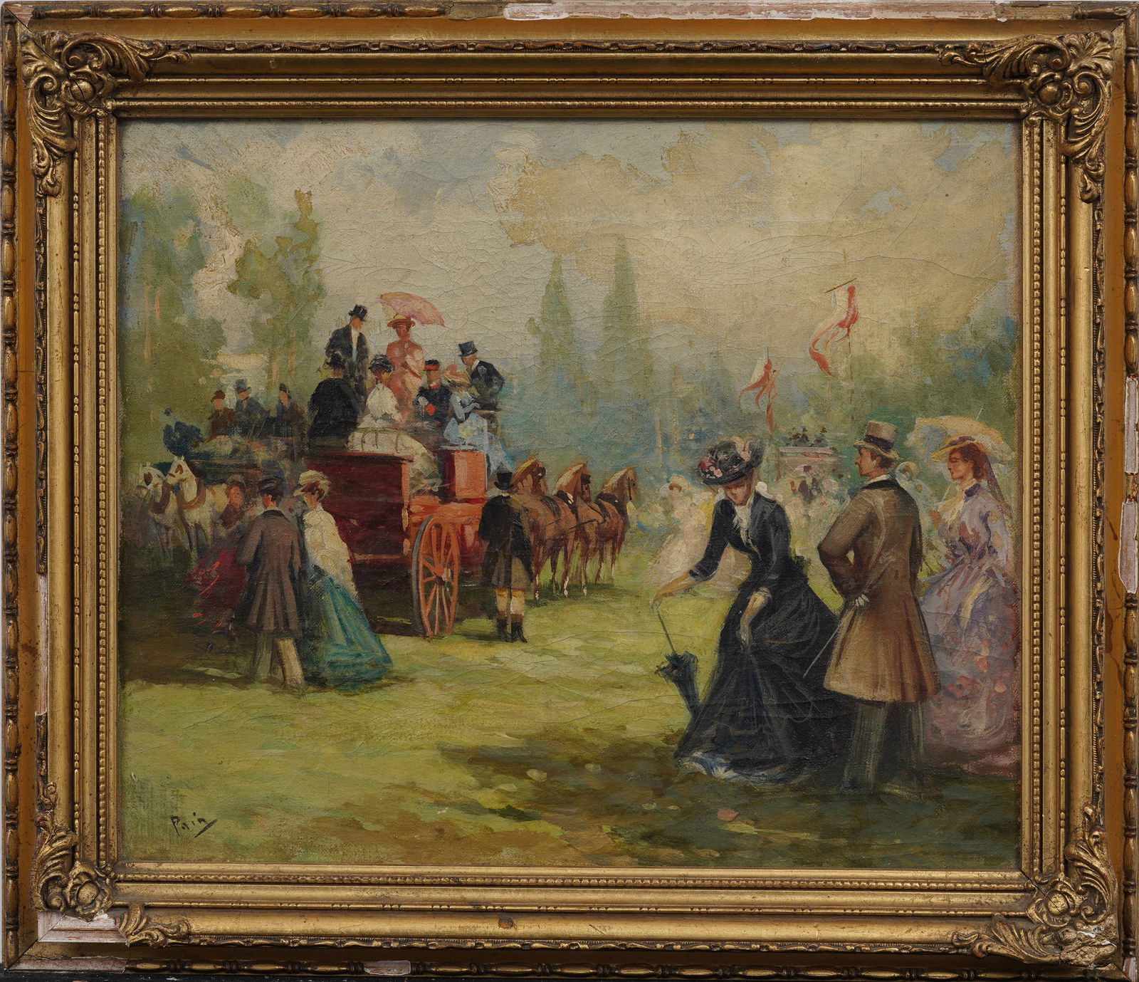 Signed Antique French Impressionist Belle Epoque Horseback Figures Elegant Landscape Oil Painting (1 of 9)