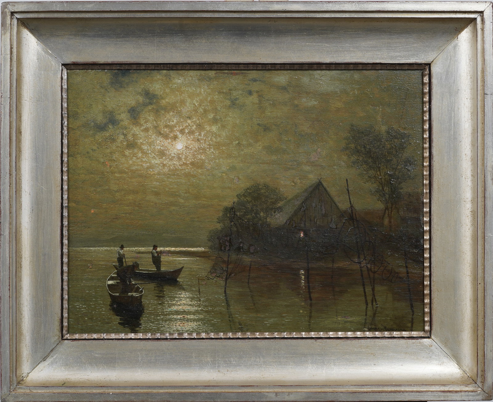 Antique Signed European Impressionist Nocturnal Seascape Signed Framed Moonlit Oil Painting: Antique signed European moonlit landscape oil painting. Oil on panel. Measuring: 21 by 25 inches overall, and 14 by 19 painting alone. Please see all images for condition. Size is measured and written
