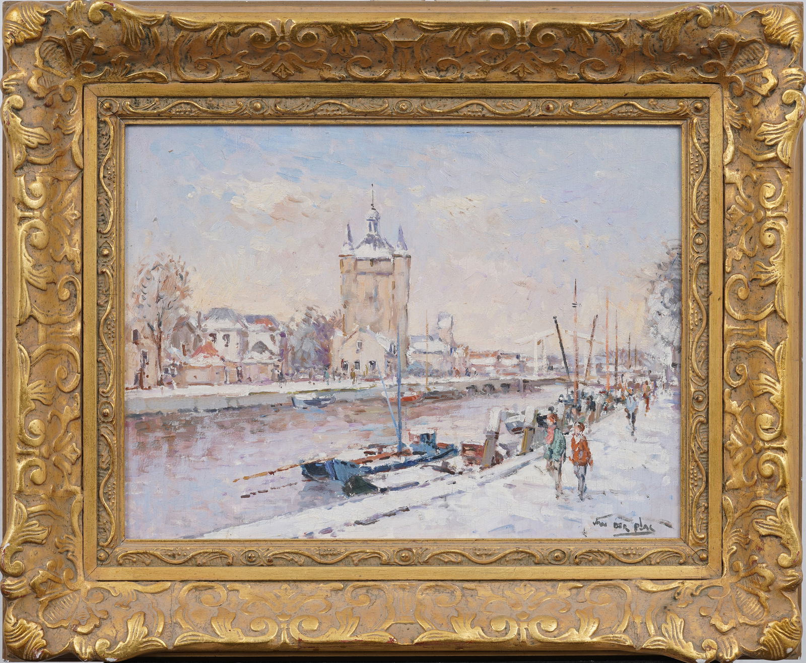 Niek Van der Plas (B.1954) Vintage European Winter Impressionist Snow Canal Cityscape Oil Painting: Vintage European landscape oil painting by Niek Van der Plas (Born 1954). Oil on board. Framed. Signed. Measuring: 18 by 22 inches overall, and 12 by 16 painting alone. Please see all images for condi