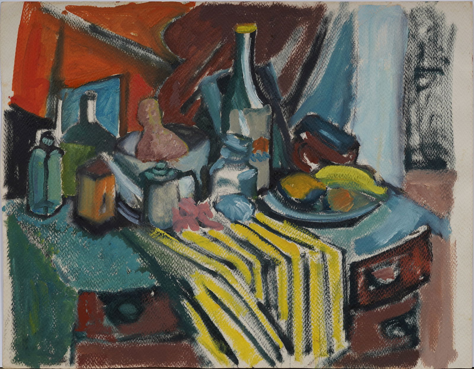 Vintage American Modernist Abstract Interior Scene Original Painting: Vintage American modernist oil painting. Mixed media on board. Measuring: 15 by 19 inches overall. Please see all images for condition. Size is measured and written on the back of the painting or next