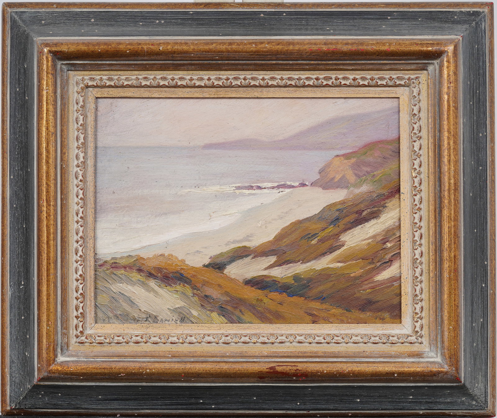 Laguna Beach 1932 Signed Antique American Impressionist Framed California Seascape Oil Painting: Vintage American impressionist seascape oil painting. Oil on board. Signed. Measuring: 15 by 18 inches overall, and 8.75 by 11.5 painting alone. Please see all images for condition. Size is measured a