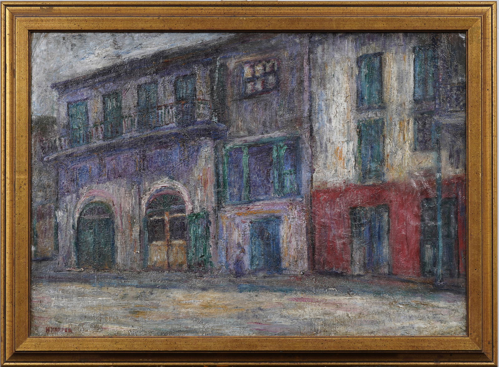 Antique American Louisiana Absinthe House New Orleans by Nina Harper Newcomb College Oil Painting: Antique large southern school American oil painting. Measuring: 21 by 29 inches overall, and 18 by 26 painting alone. Please see all images for condition. Size is measured and written on the back of t