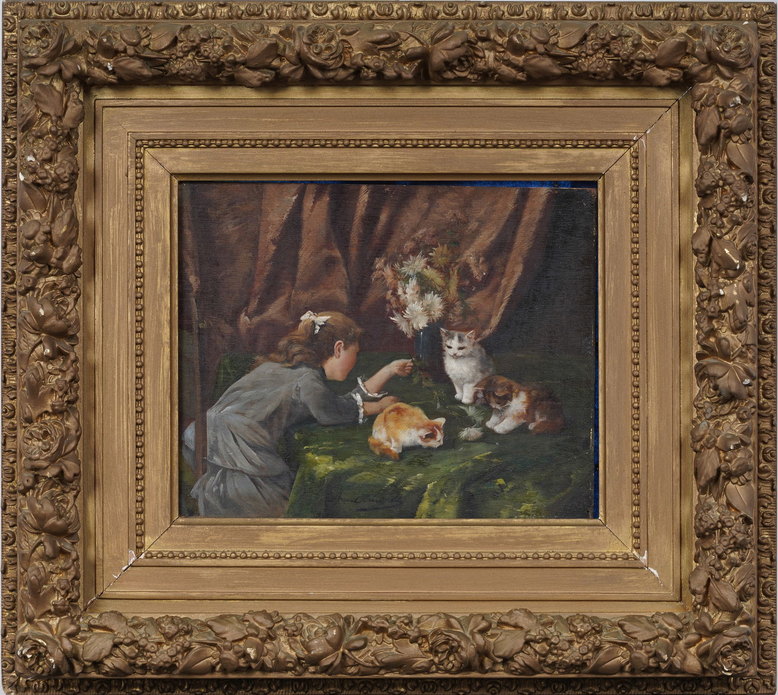 Signed Victorian European Girl and Kittens Interior Original Framed Oil Painting on Wood Panel (1 of 8)