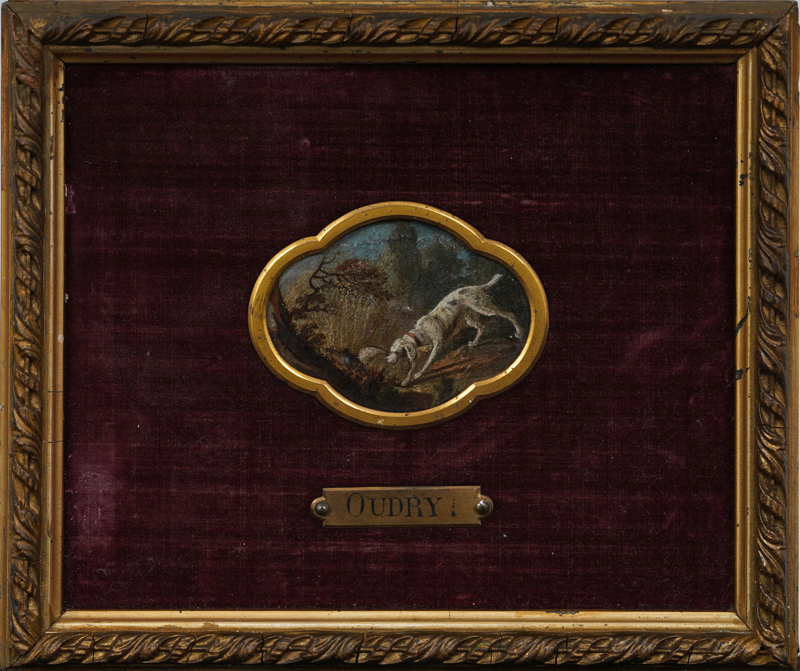 Jean Baptiste Oudry (1685-1755) Antique French Partridge Hunting Dog Miniature Framed Oil Painting: Antique French oil painting attributed to Jean Baptiste Oudry (1685-1755). Nameplate attribution, unsigned. Framed. Measuring: 6 by 7 inches overall, and 2 by 2.5 painting alone. Please see all images