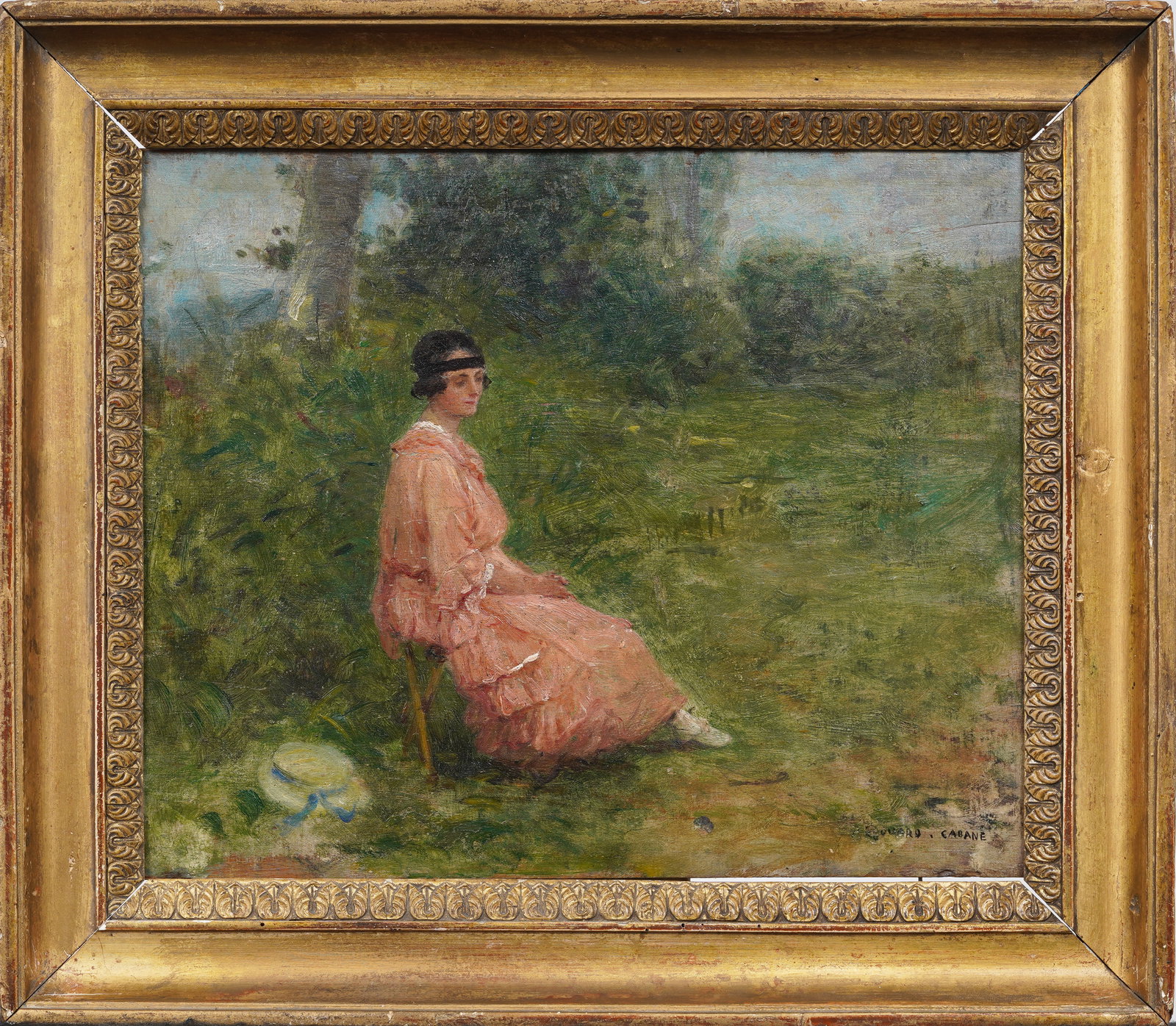 Eduouard Cabane (1857-1942) French Impressionist Woman in Garden Pink Dress Portrait Original Oil (1 of 8)