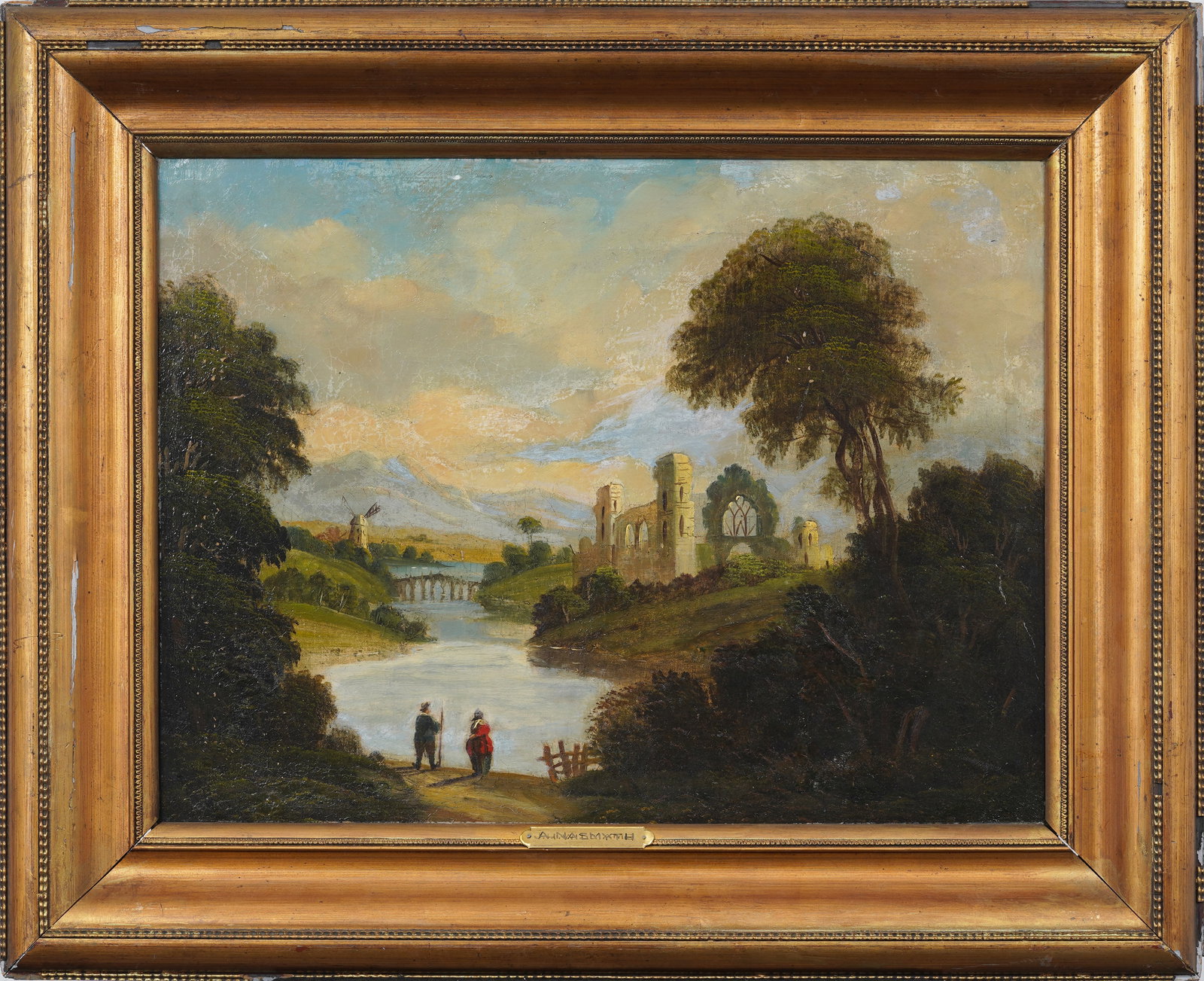 ATTR Alexander Nasmyth (1758-1840) Sightseers Medieval Cathedral Ruins River Landscape Oil Painting: Antique European oil painting attributed to Alexander Nasmyth (1758-1840). Framed. Measuring: 25 by 31 inches overall, and 18 by 24 painting alone. Please see all images for condition. Size is measure