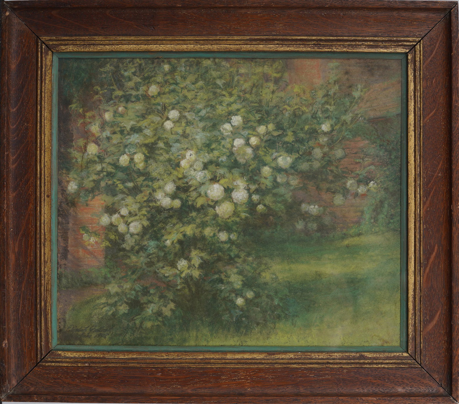 Elizabeth Gulland (1857-1934) Signed Scottish Original Rosebush Garden Framed Pastel Landscape: Antique Scottish pastel landscape. Signed. Framed. Measuring: 17 by 14 inches overall, and 13 by 10.5 painting alone. Please see all images for condition. Size is measured and written on the back of t