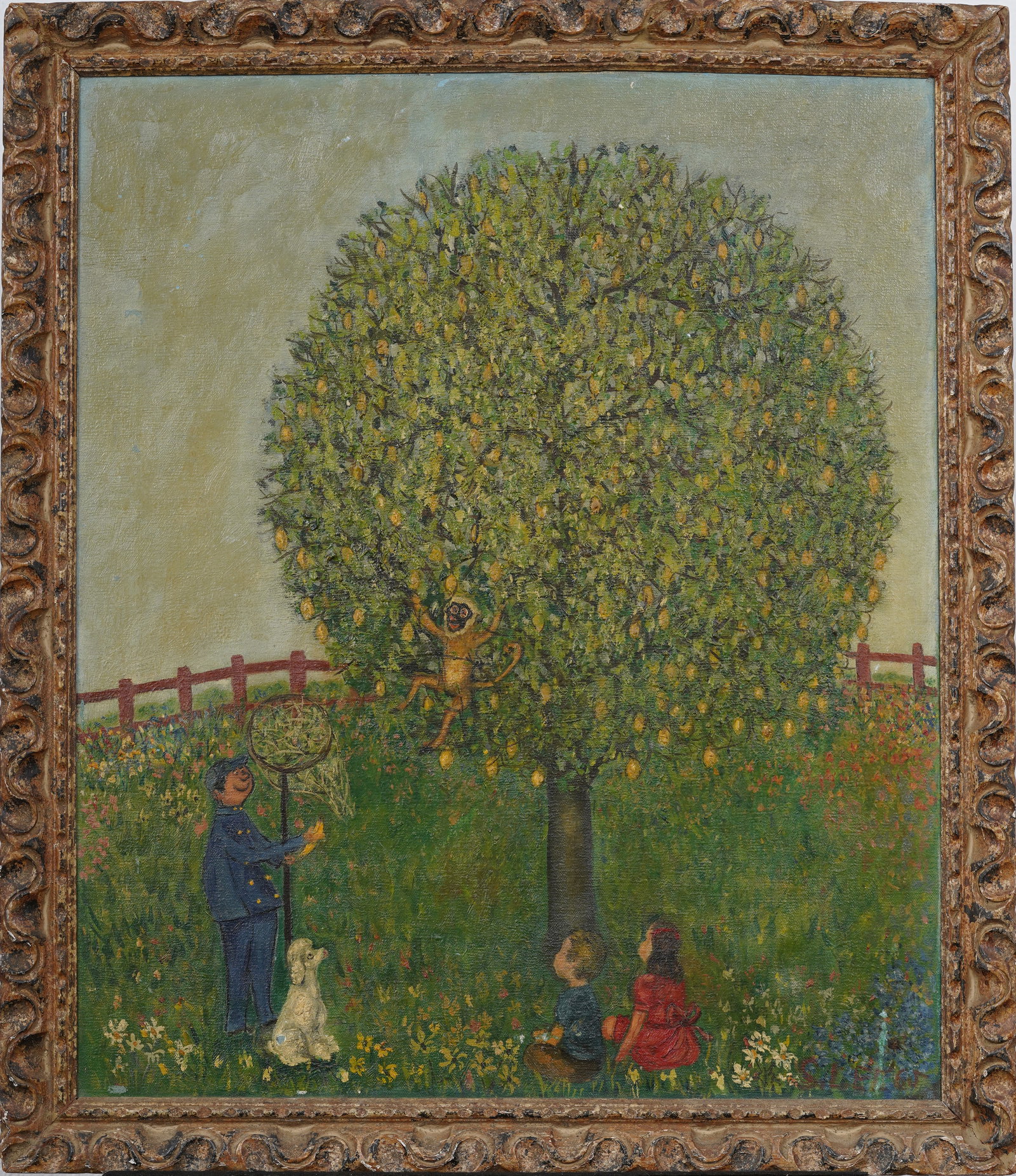 Signed Vintage American Monkey Rescue Original Outsider Oil Painting in Carved Wood Frame (1 of 7)