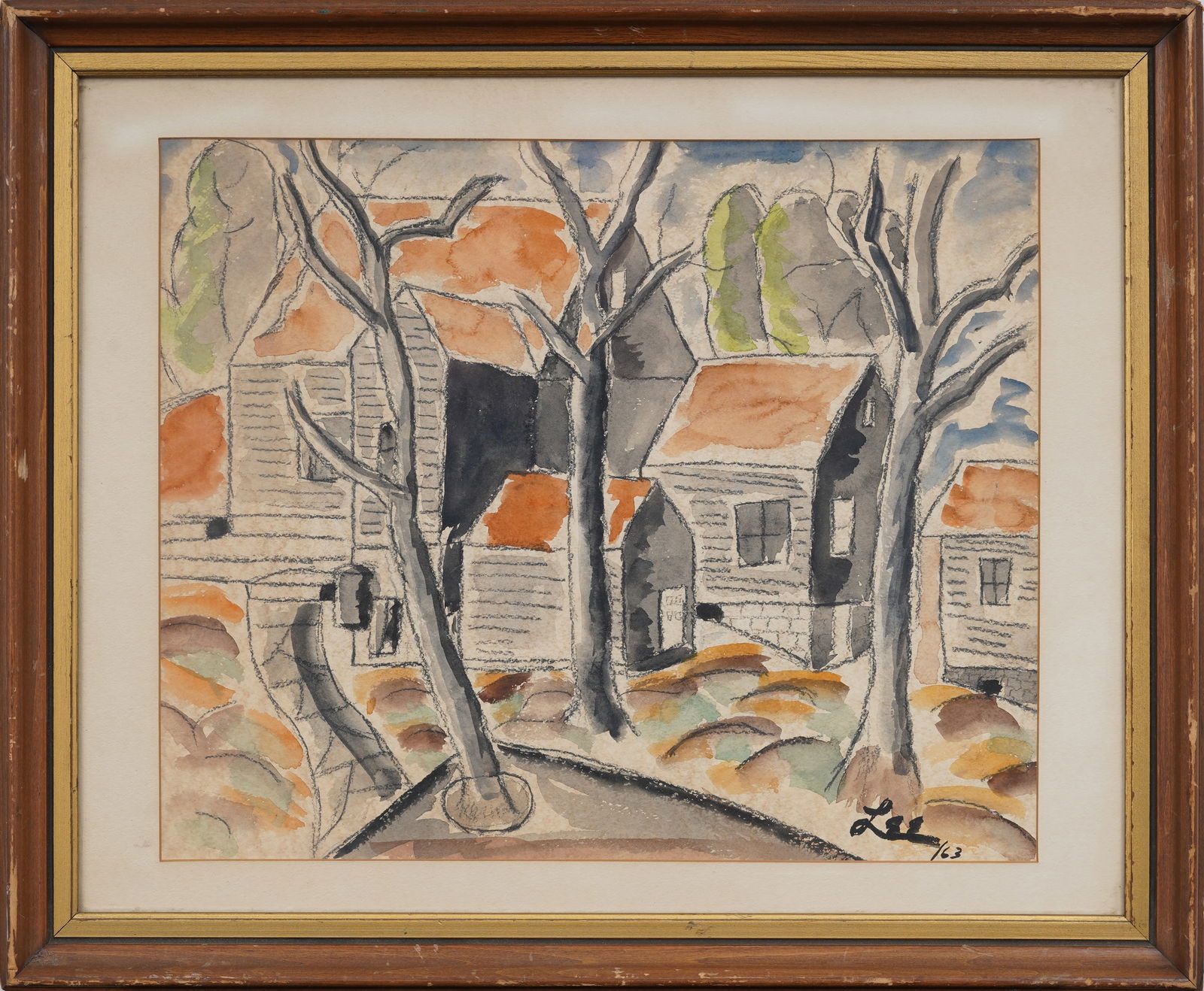Signed Vintage American Rear Exterior Country Home Autumn Landscape Original Framed Watercolor (1 of 7)