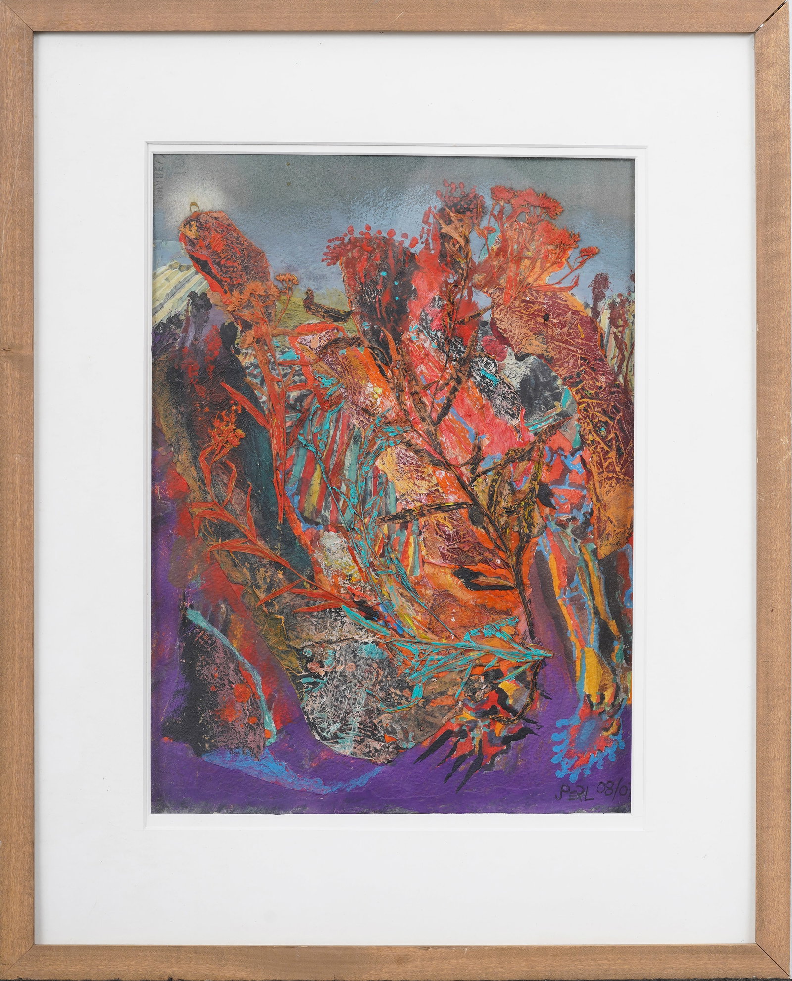 Monogrammed Vintage Vivid Mixed Media Gouache over Dried Flowers and Plants Original Framed Painting (1 of 10)